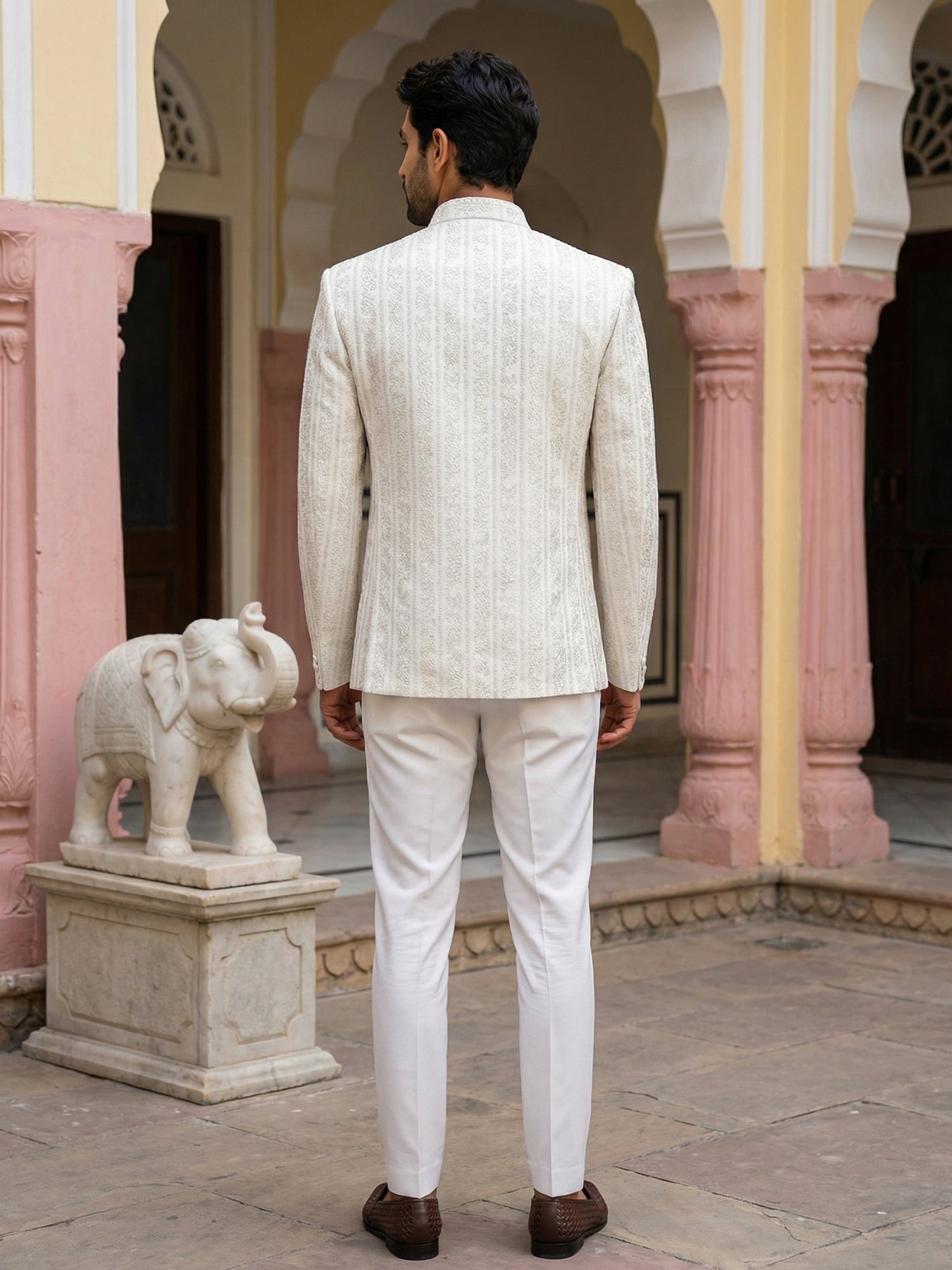 Embroidered Silk Blend Indo-Western Set ( 50JIND 166Cream S )