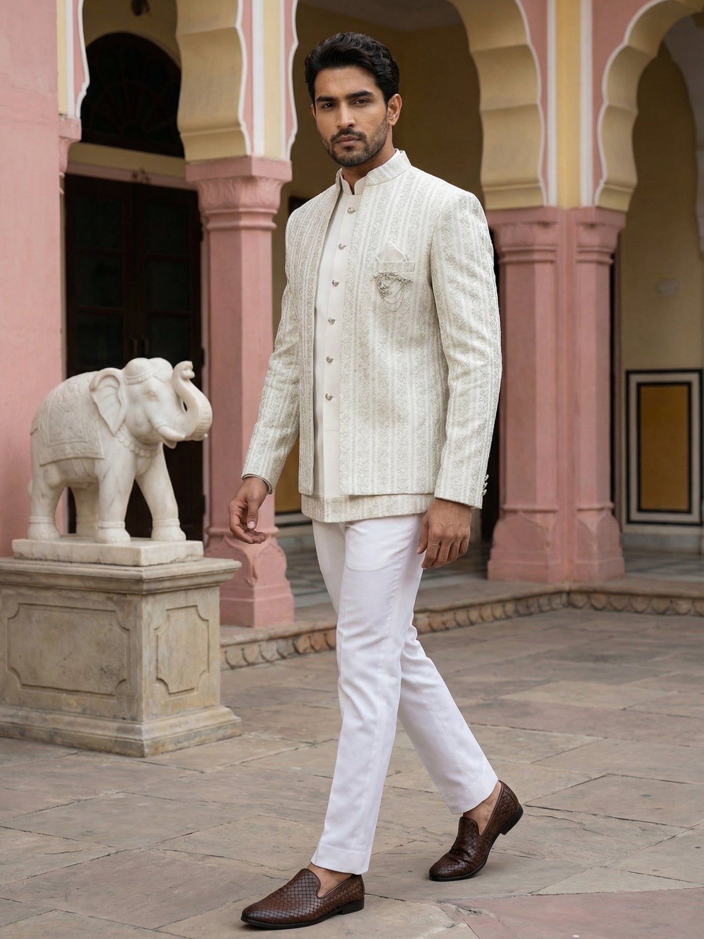 Embroidered Silk Blend Indo-Western Set ( 50JIND 166Cream S )