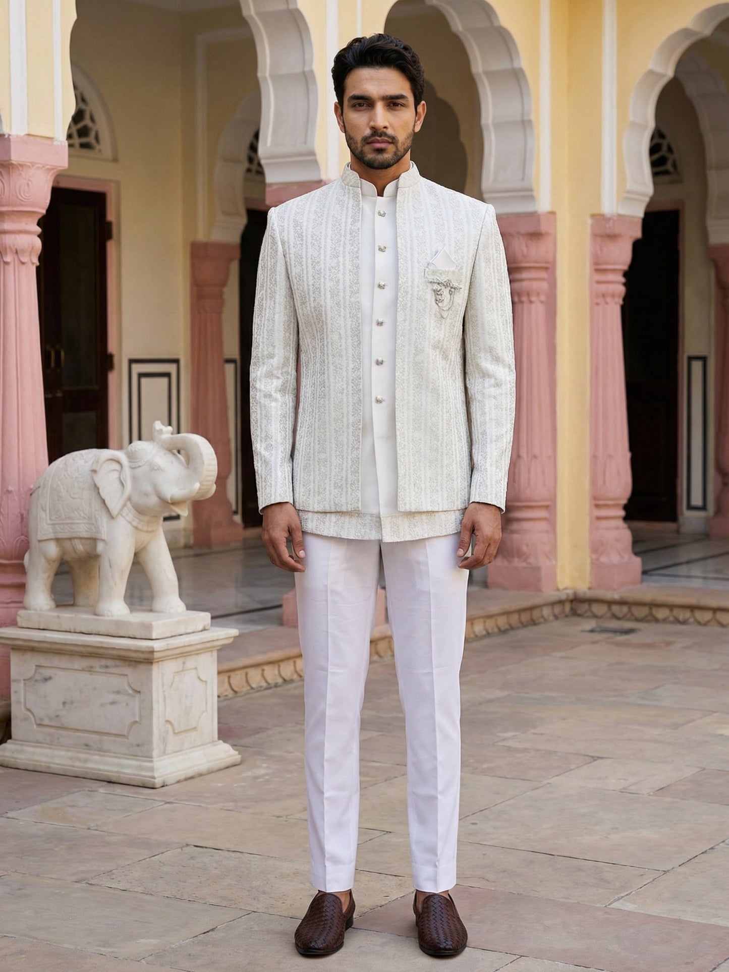 Embroidered Silk Blend Indo-Western Set ( 50JIND 166Cream S )