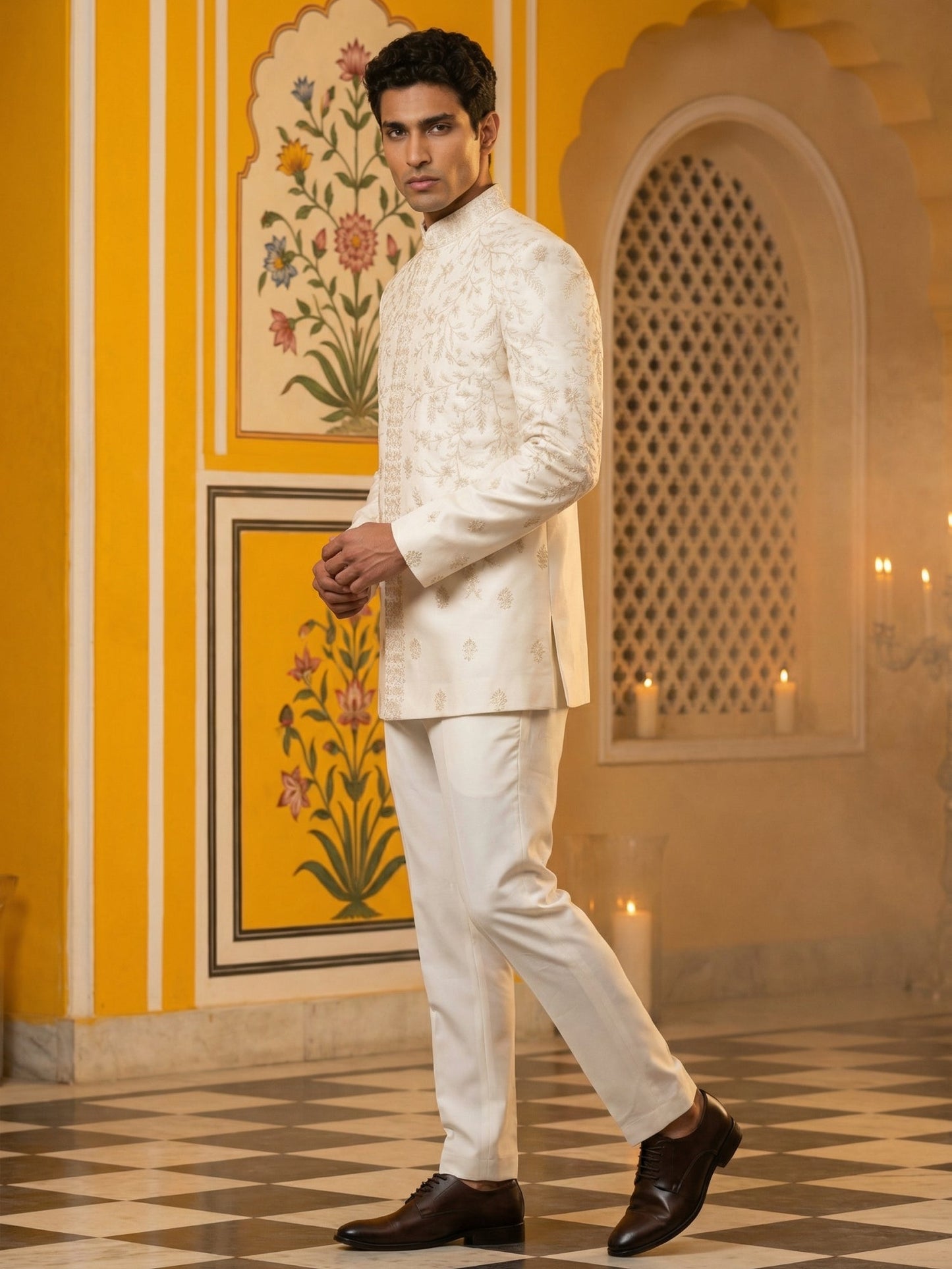 Japanese Embroidered Indo-Western Set ( 50JIND 167Cream S )