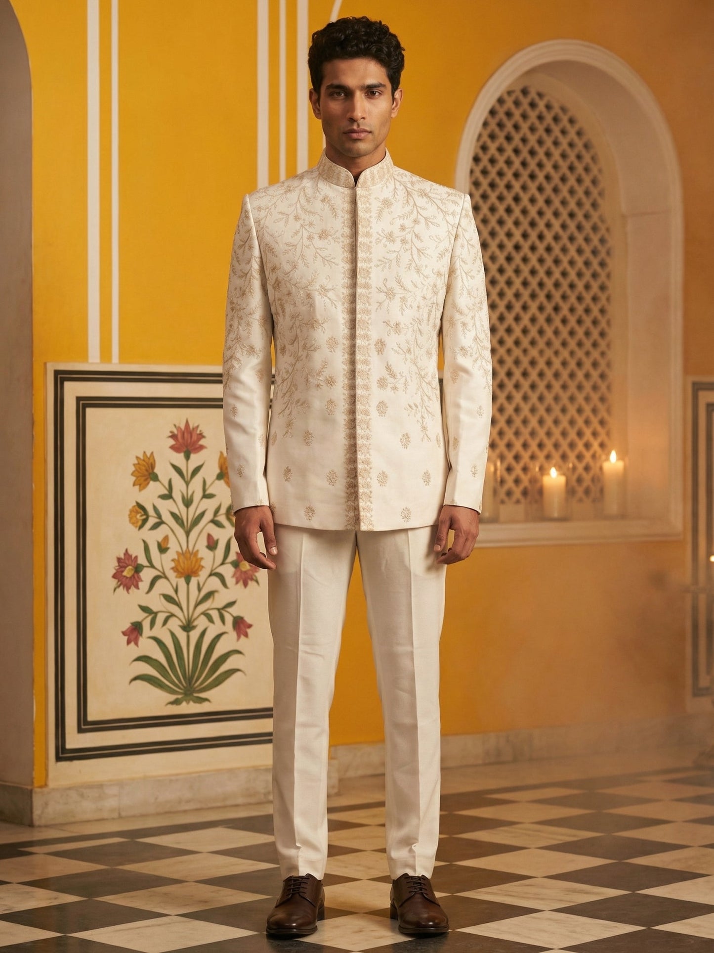 Japanese Embroidered Indo-Western Set ( 50JIND 167Cream S )