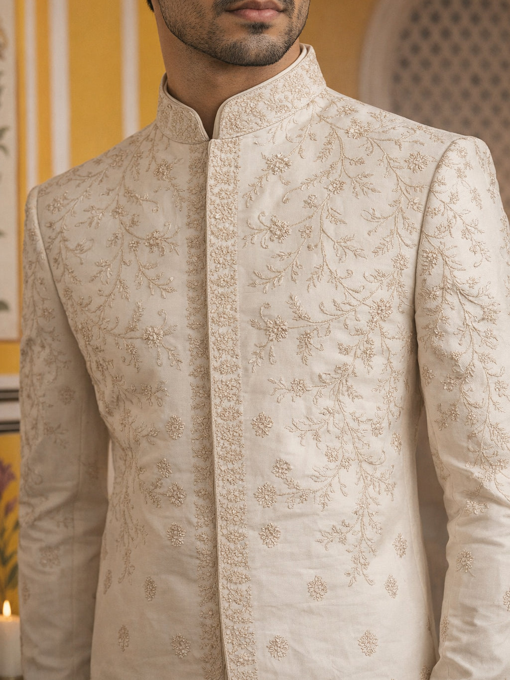 Japanese Embroidered Indo-Western Set ( 50JIND 167Cream S )