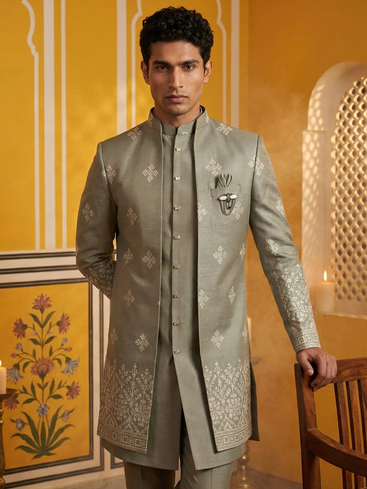 Woven Design Cotton Blend Indo-Western Set ( 50JIND 169Grey S )