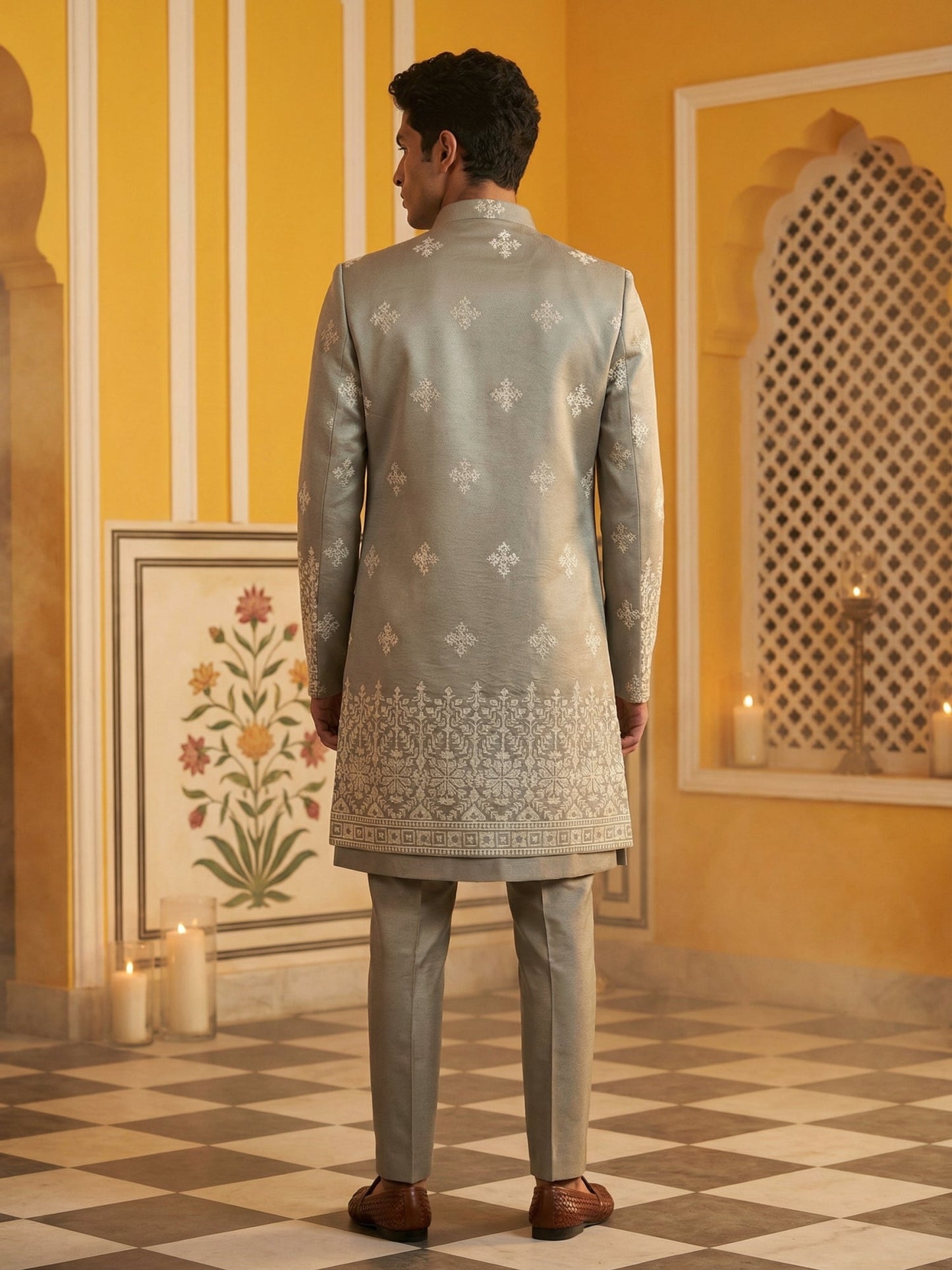 Woven Design Cotton Blend Indo-Western Set ( 50JIND 169Grey S )