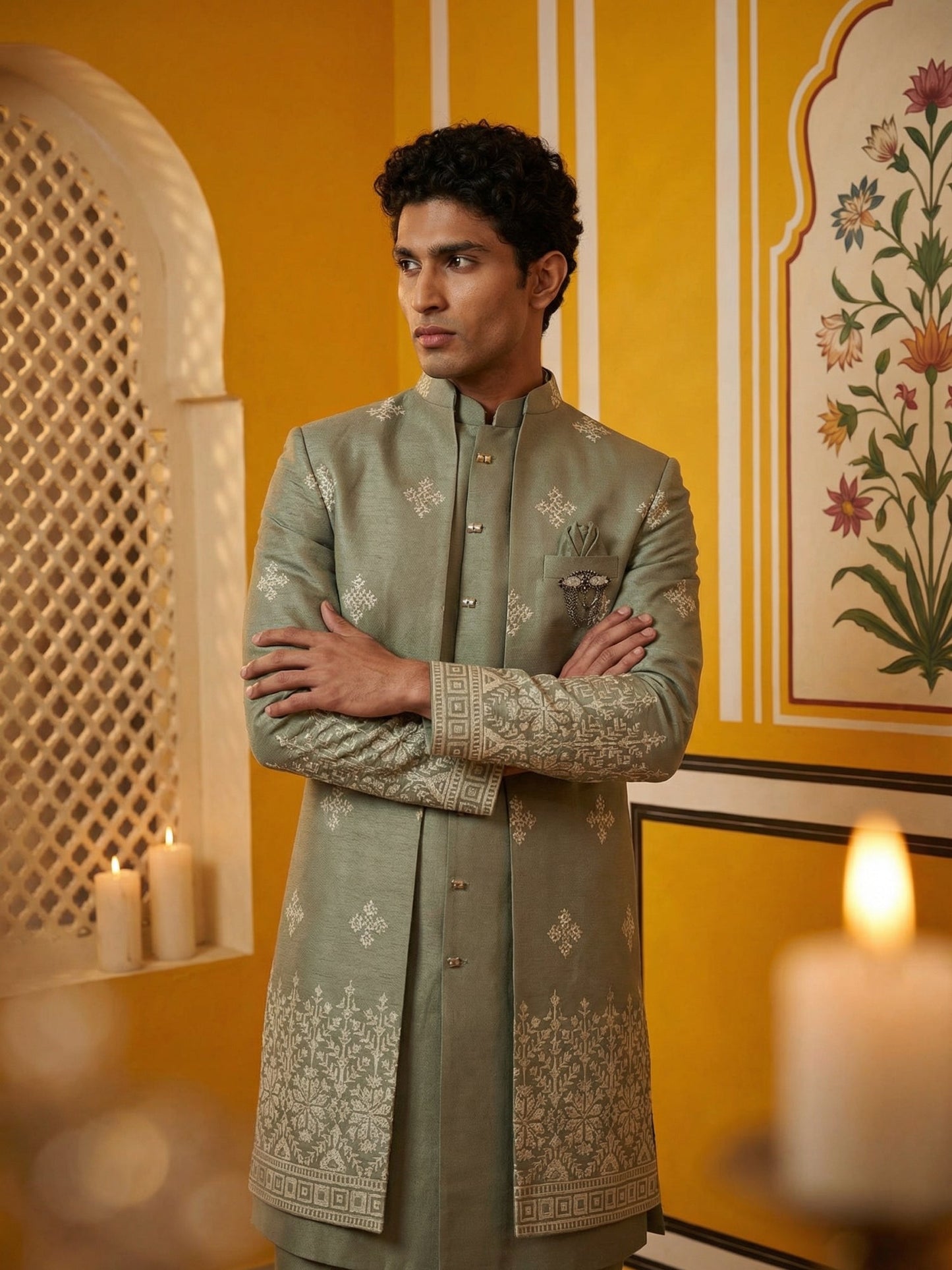 Woven Design Cotton Blend Indo-Western Set ( 50JIND 169Grey S )