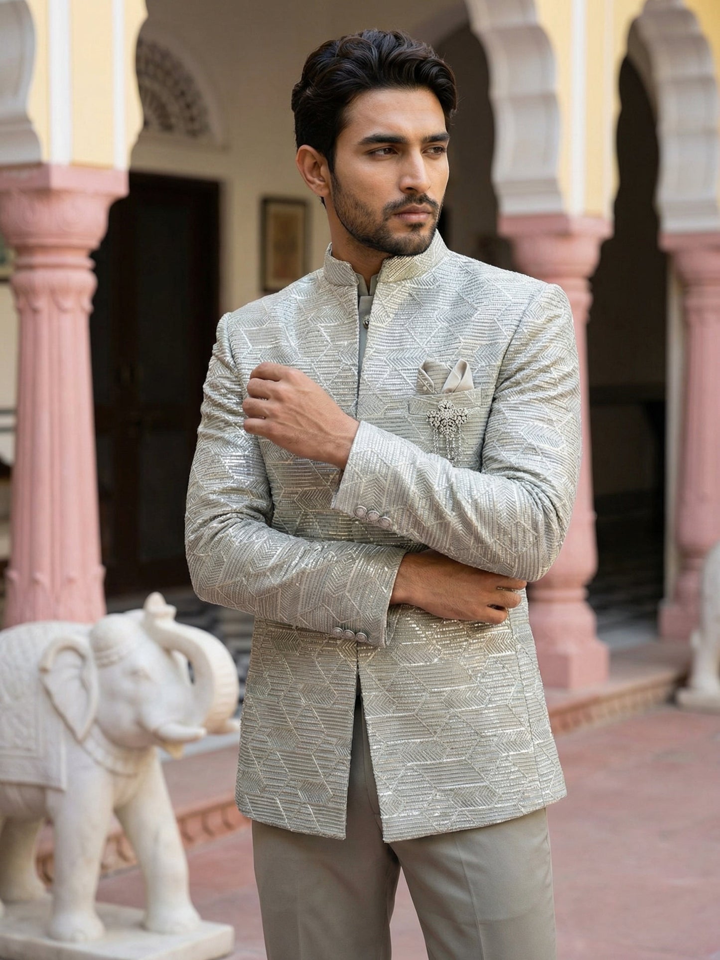 Silk Blend Embroidered Indo-Western Set ( 50JIND 170Pista S )