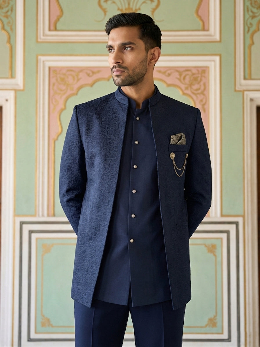Cotton Blend Textured Indo-Western Set ( 50JIND 173Navy )