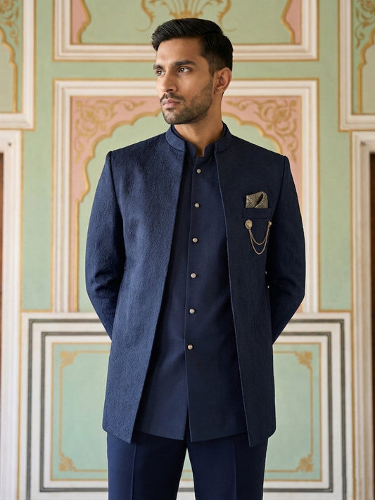 Cotton Blend Textured Indo-Western Set ( 50JIND 173Navy )