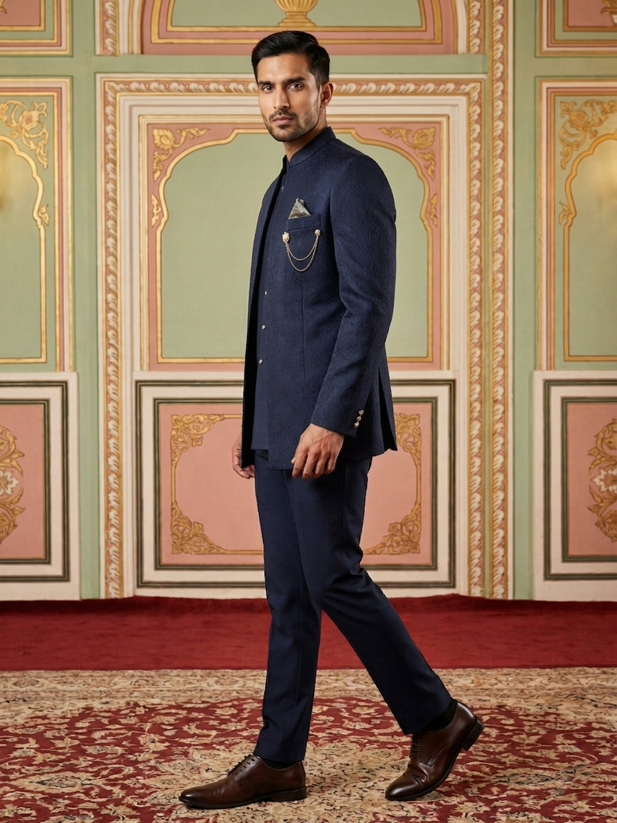 Cotton Blend Textured Indo-Western Set ( 50JIND 173Navy )