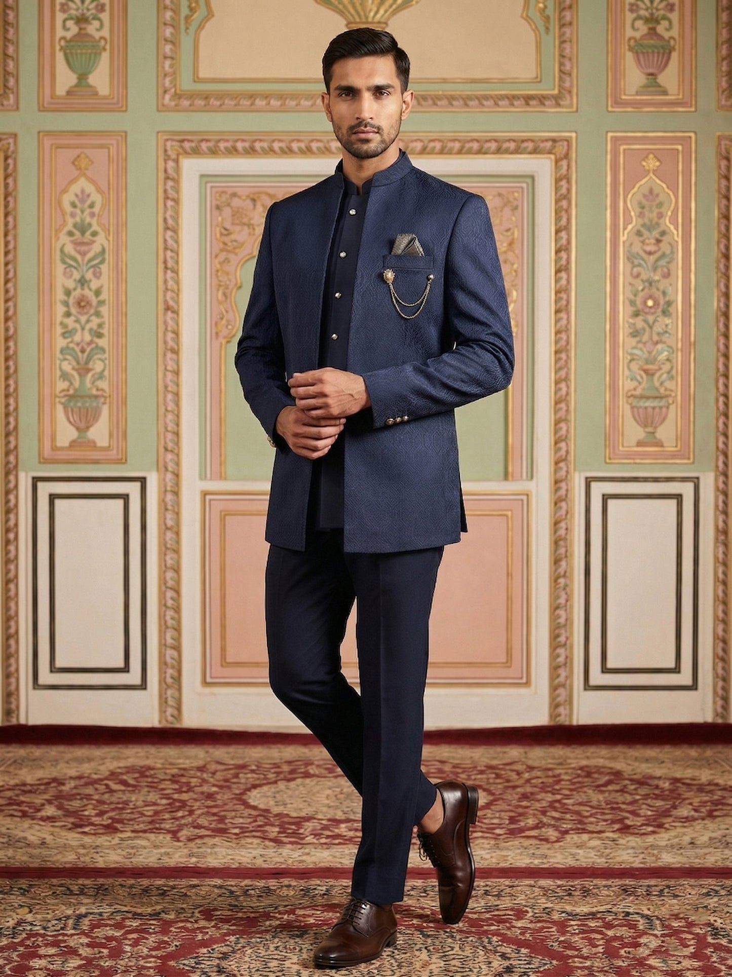 Cotton Blend Textured Indo-Western Set ( 50JIND 173Navy )