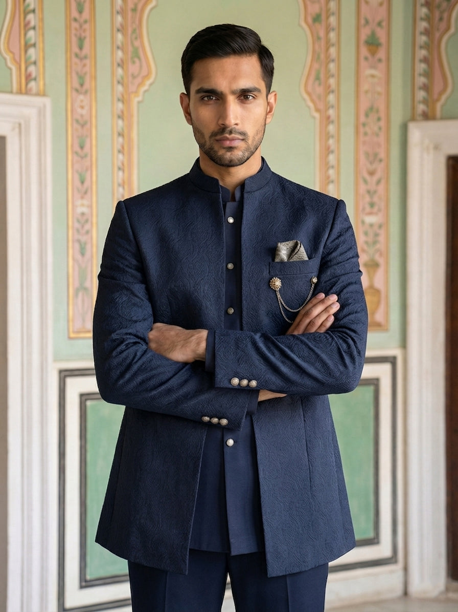 Cotton Blend Textured Indo-Western Set ( 50JIND 173Navy )