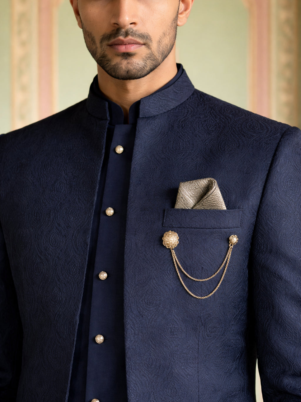 Cotton Blend Textured Indo-Western Set ( 50JIND 173Navy )