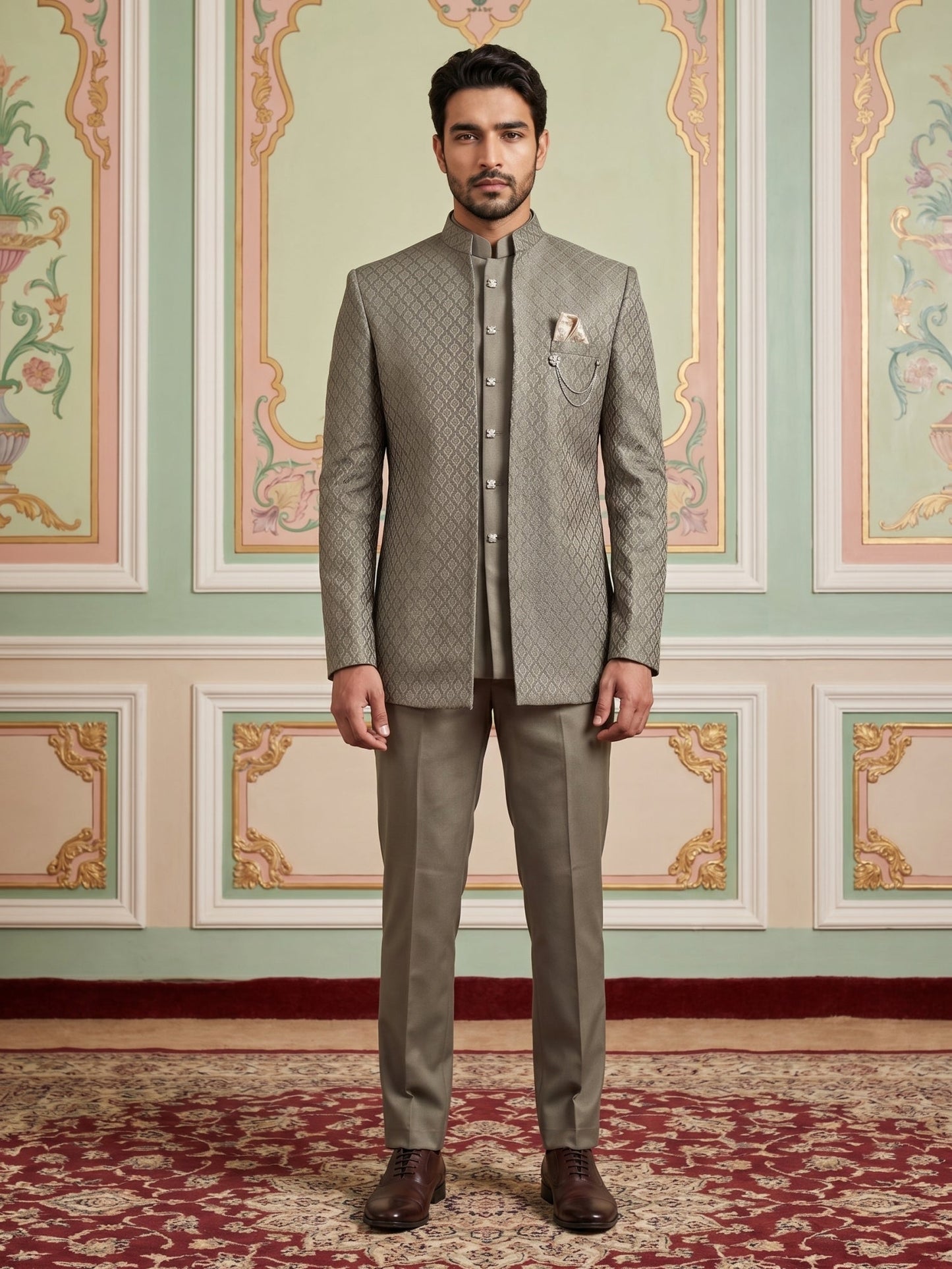 Cotton Blend Textured Indo-Western Set ( 50JIND 174Brown )