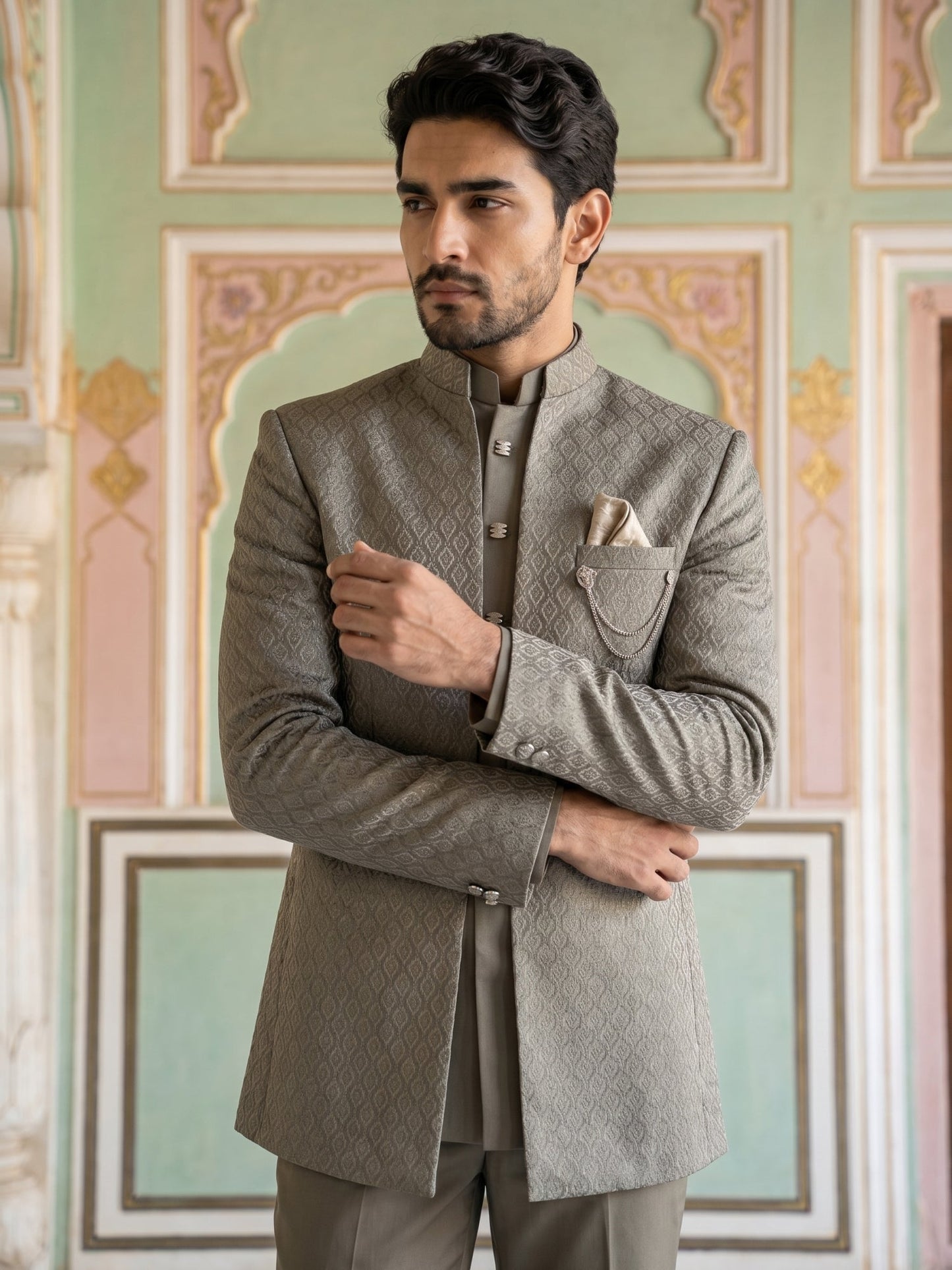 Cotton Blend Textured Indo-Western Set ( 50JIND 174Brown )