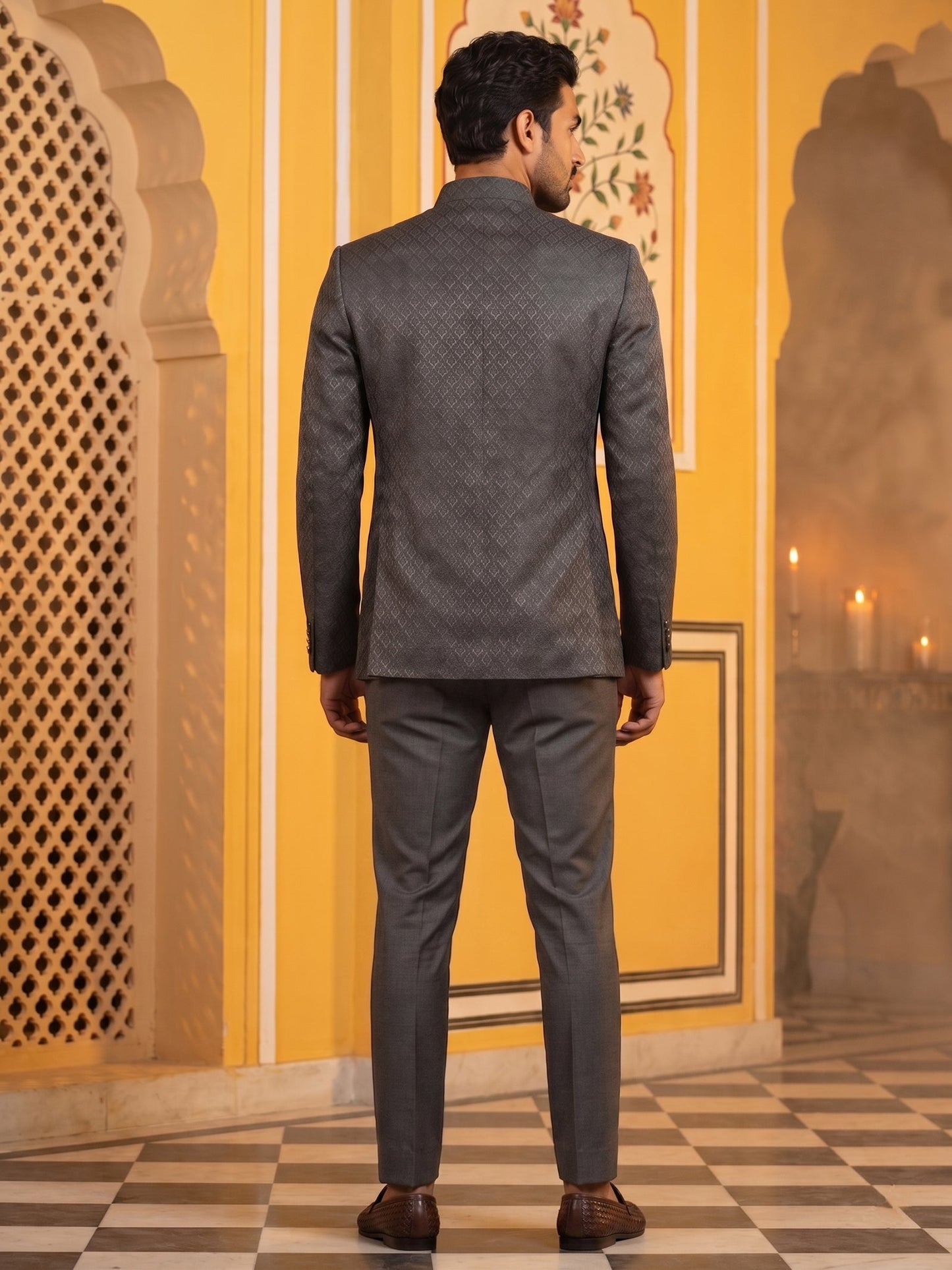 Cotton Blend Textured Indo-Western Set ( 50JIND 174Grey )