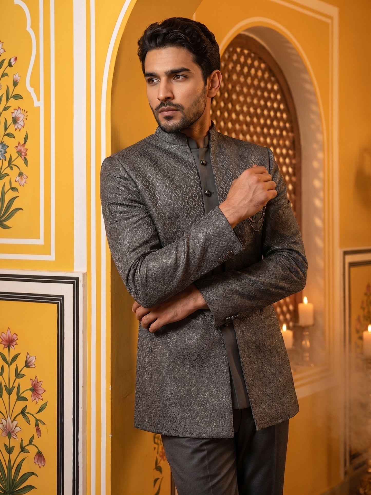 Cotton Blend Textured Indo-Western Set ( 50JIND 174Grey )
