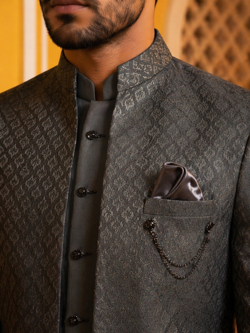 Cotton Blend Textured Indo-Western Set ( 50JIND 174Grey )