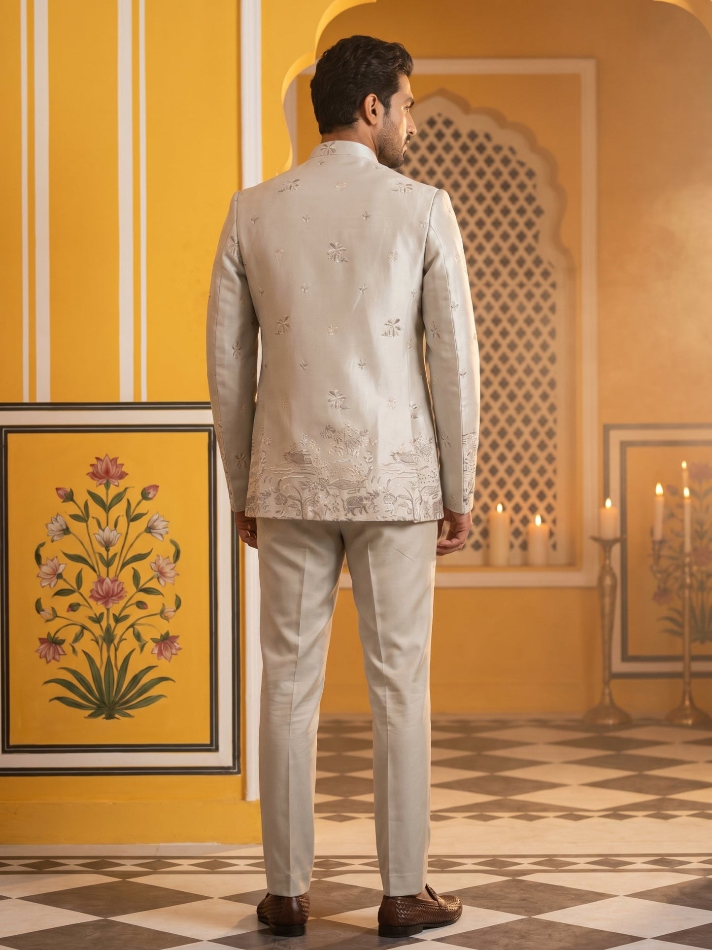 Ivory Embroidered Indo-Western Set ( 50JIND 175Cream )