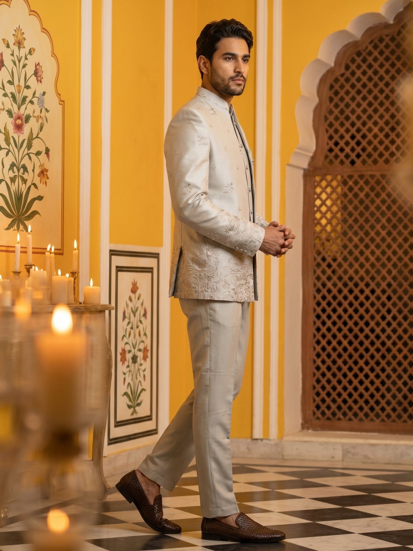 Ivory Embroidered Indo-Western Set ( 50JIND 175Cream )