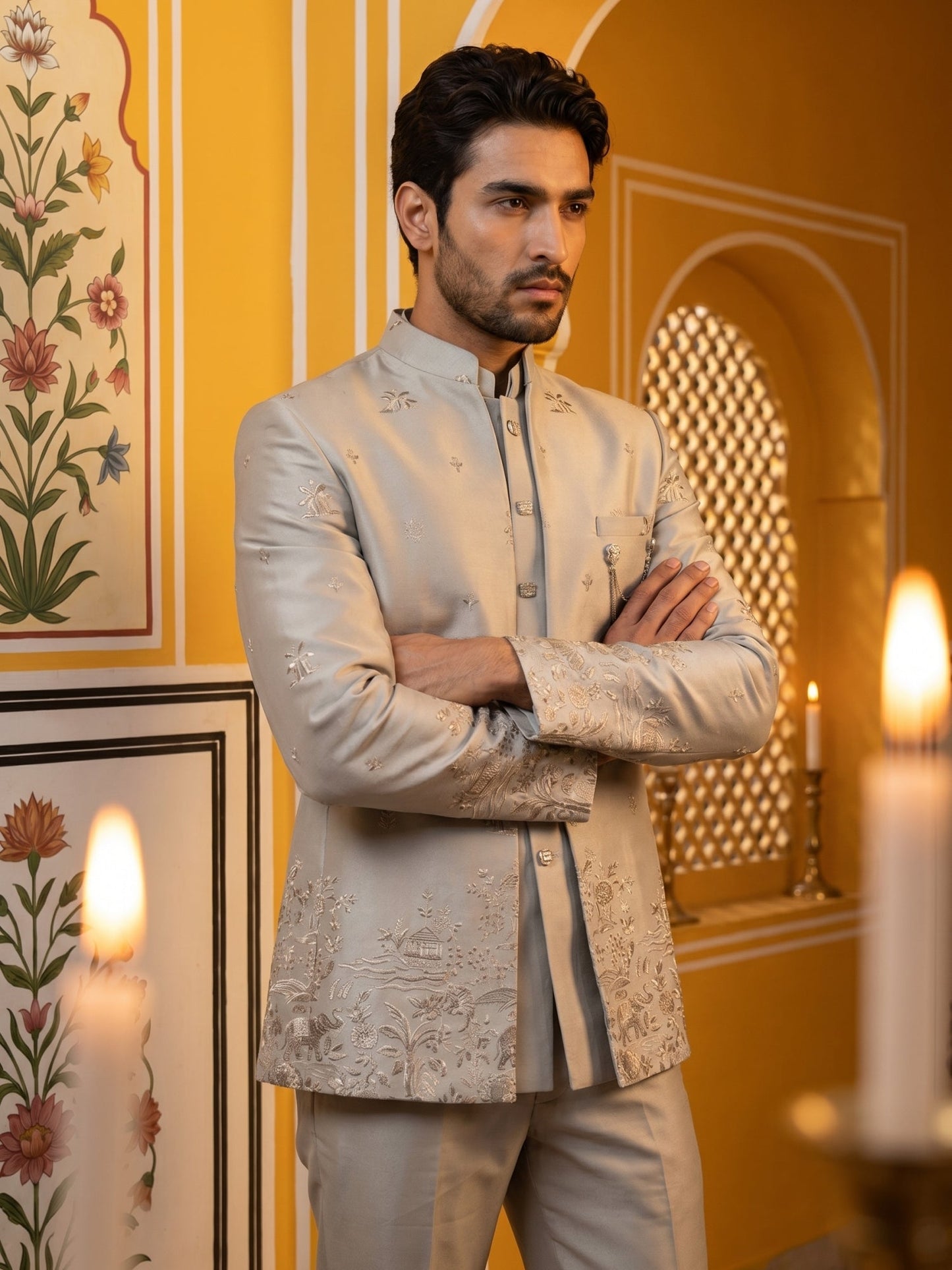 Ivory Embroidered Indo-Western Set ( 50JIND 175Cream )