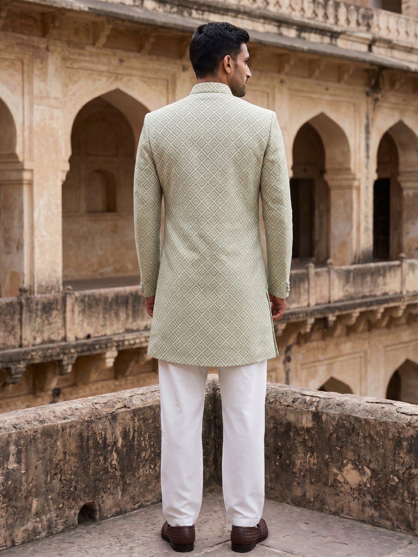 Sage Green Jacquard Silk Indo-Western Set ( 50JIND 176Pista )