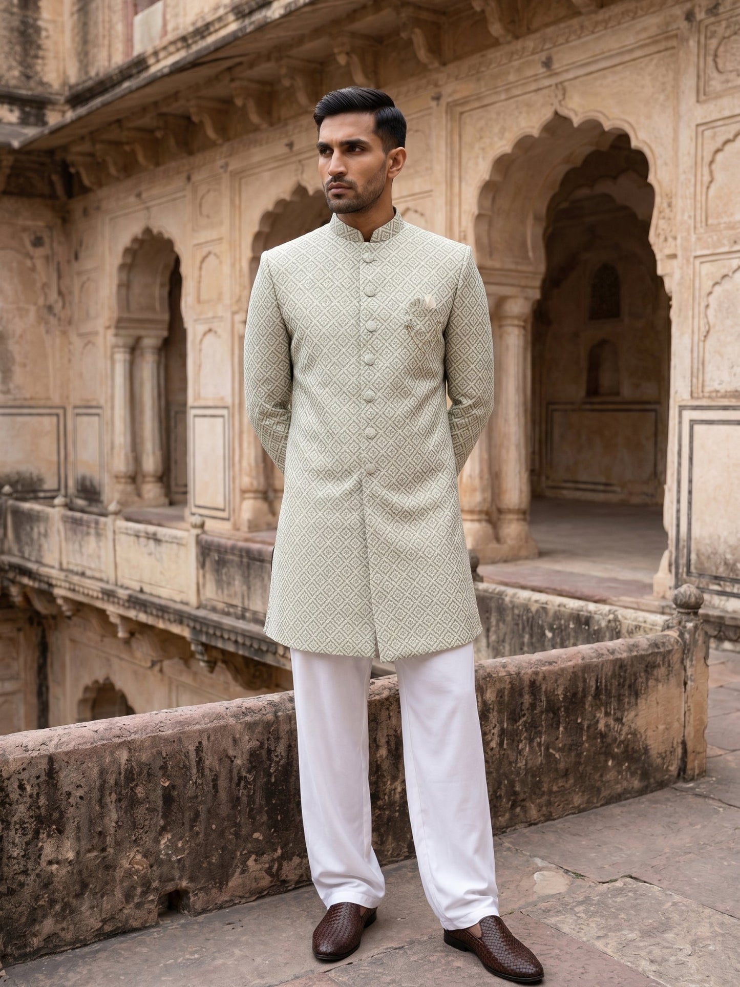 Sage Green Jacquard Silk Indo-Western Set ( 50JIND 176Pista )