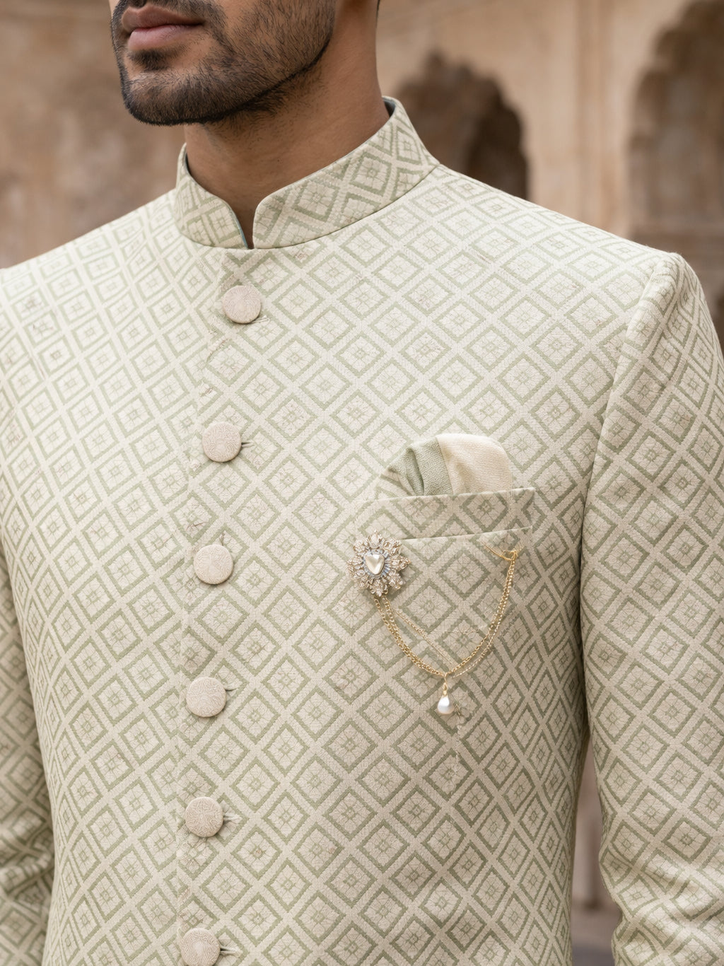 Sage Green Jacquard Silk Indo-Western Set ( 50JIND 176Pista )