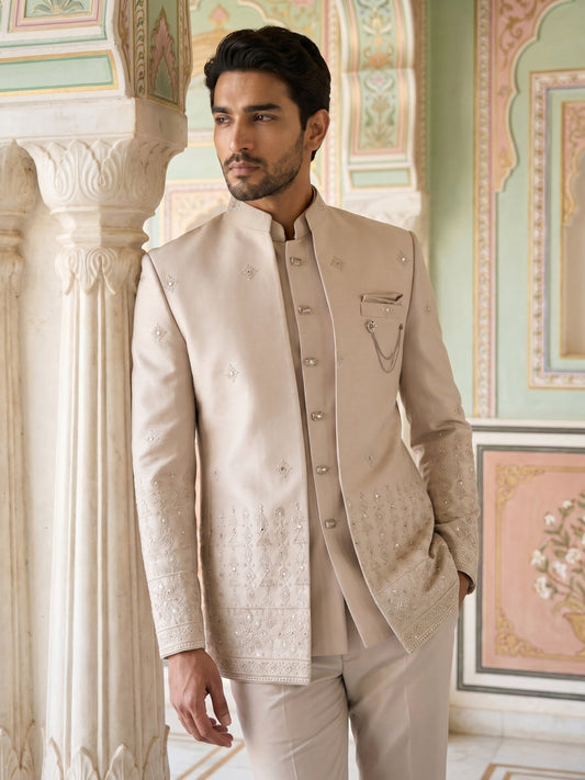 Ivory Embroidered Cotton Blend Indo-Western Set ( 50JIND 177Cream )