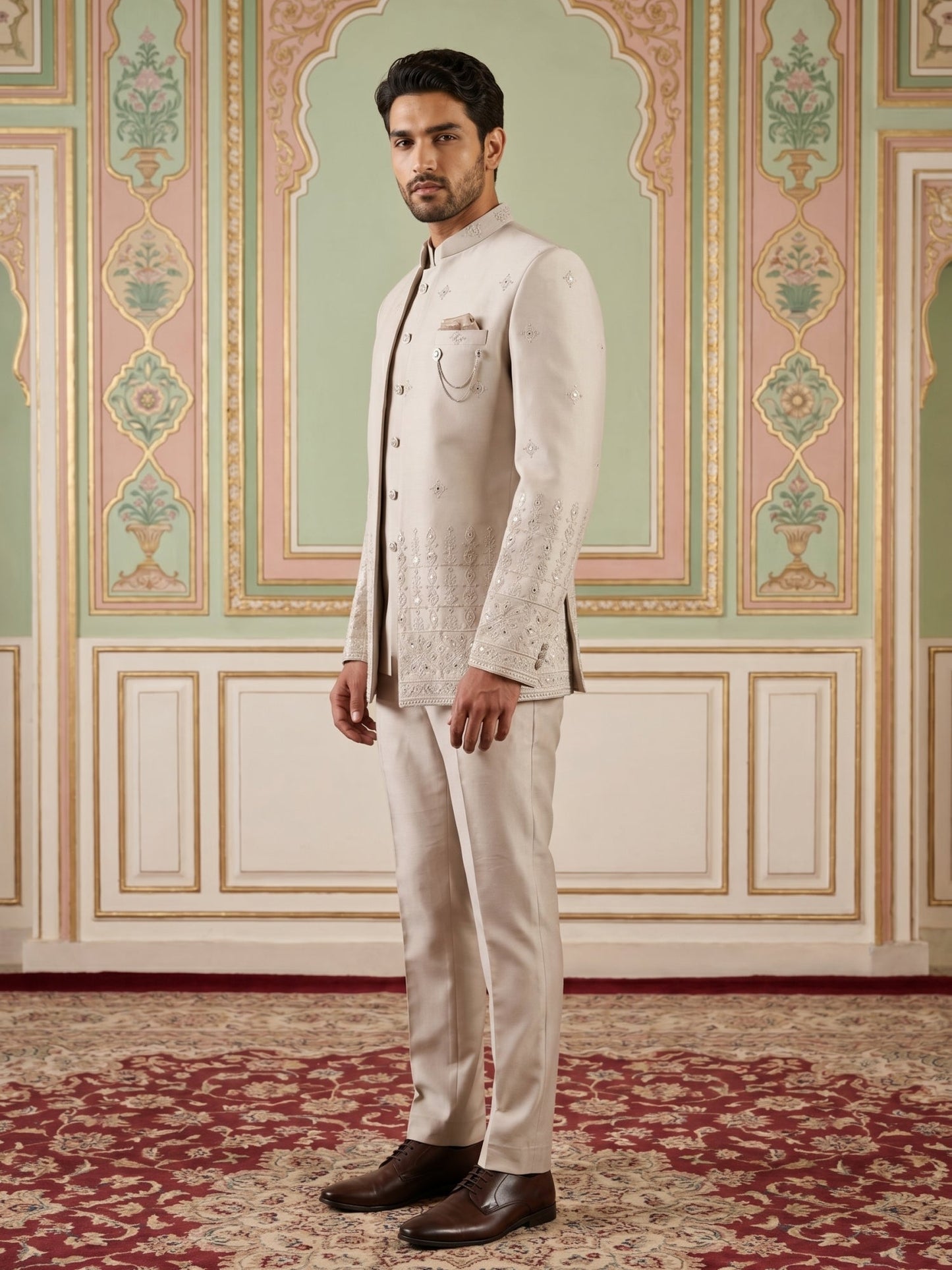 Ivory Embroidered Cotton Blend Indo-Western Set ( 50JIND 177Cream )