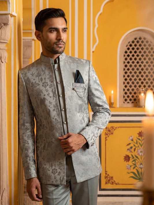 Premium Silk Jacquard Indo-Western Set for Men ( 50JIND 179Blue )