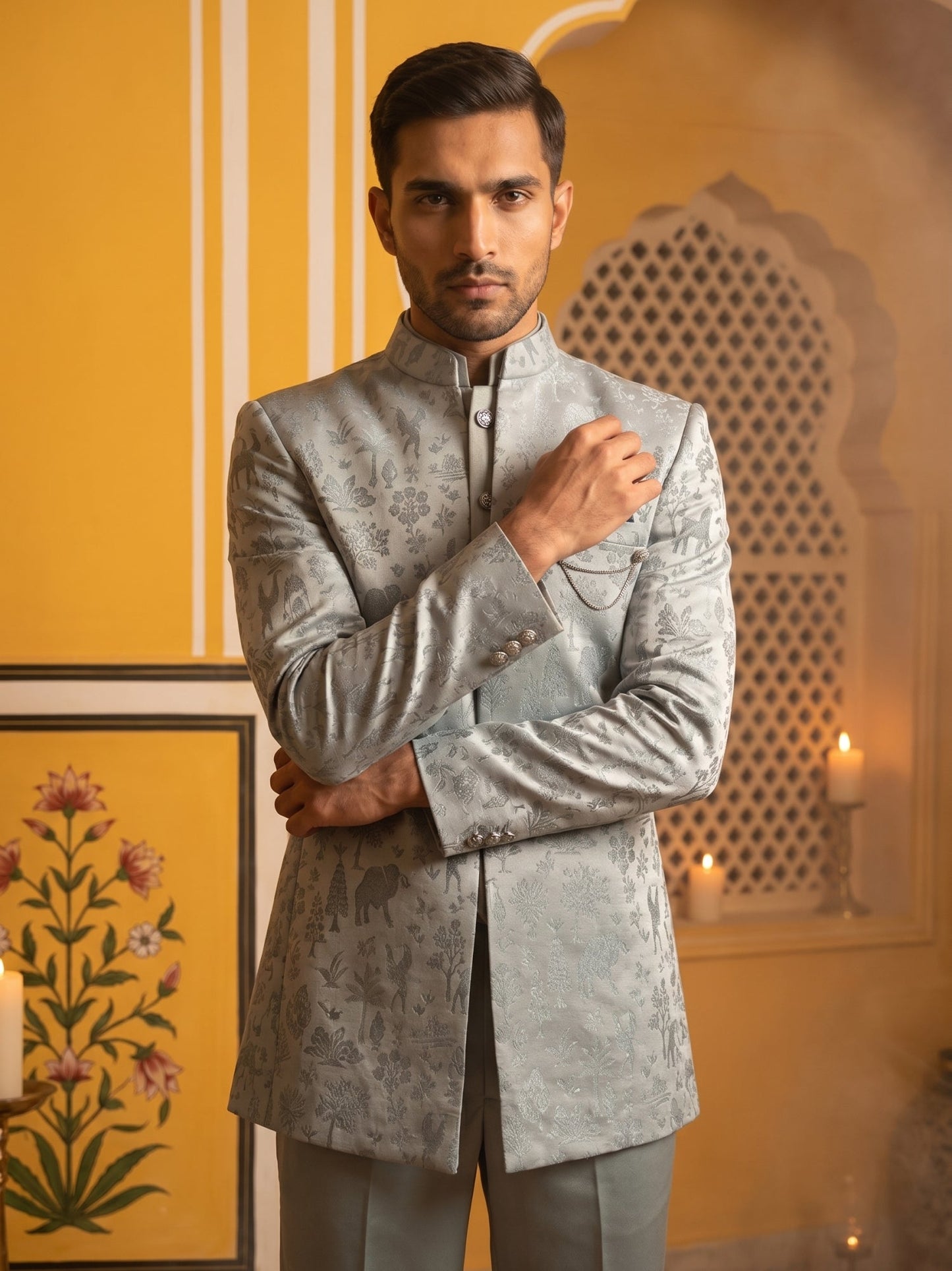 Premium Silk Jacquard Indo-Western Set for Men ( 50JIND 179Blue )