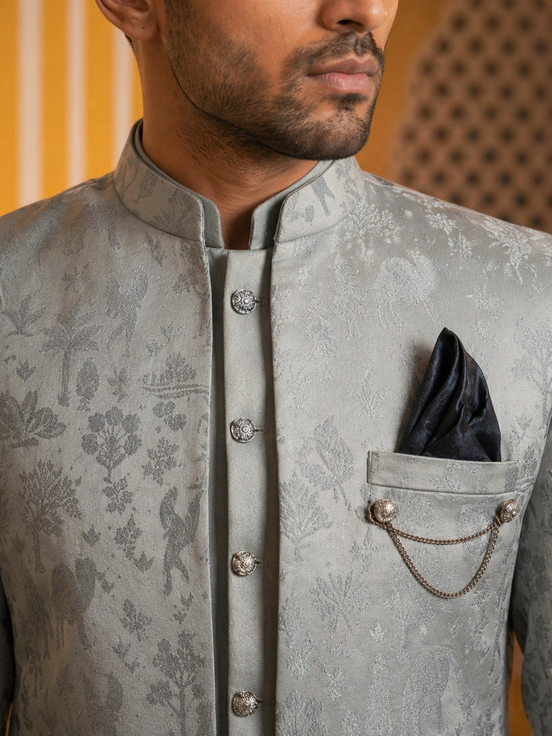 Premium Silk Jacquard Indo-Western Set for Men ( 50JIND 179Blue )