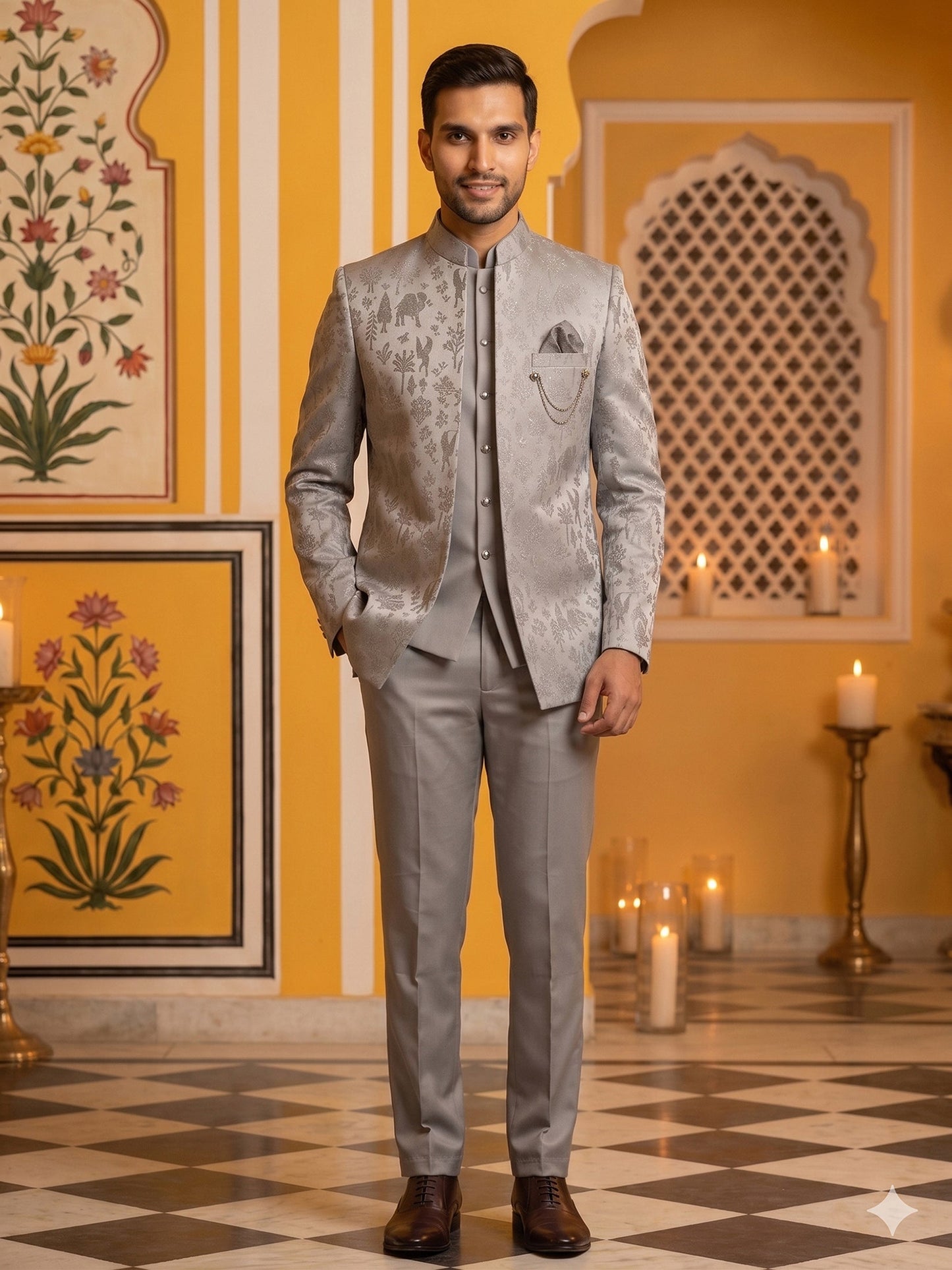 Premium Silk Jacquard Indo-Western Set for Men ( 50JIND 179Grey )
