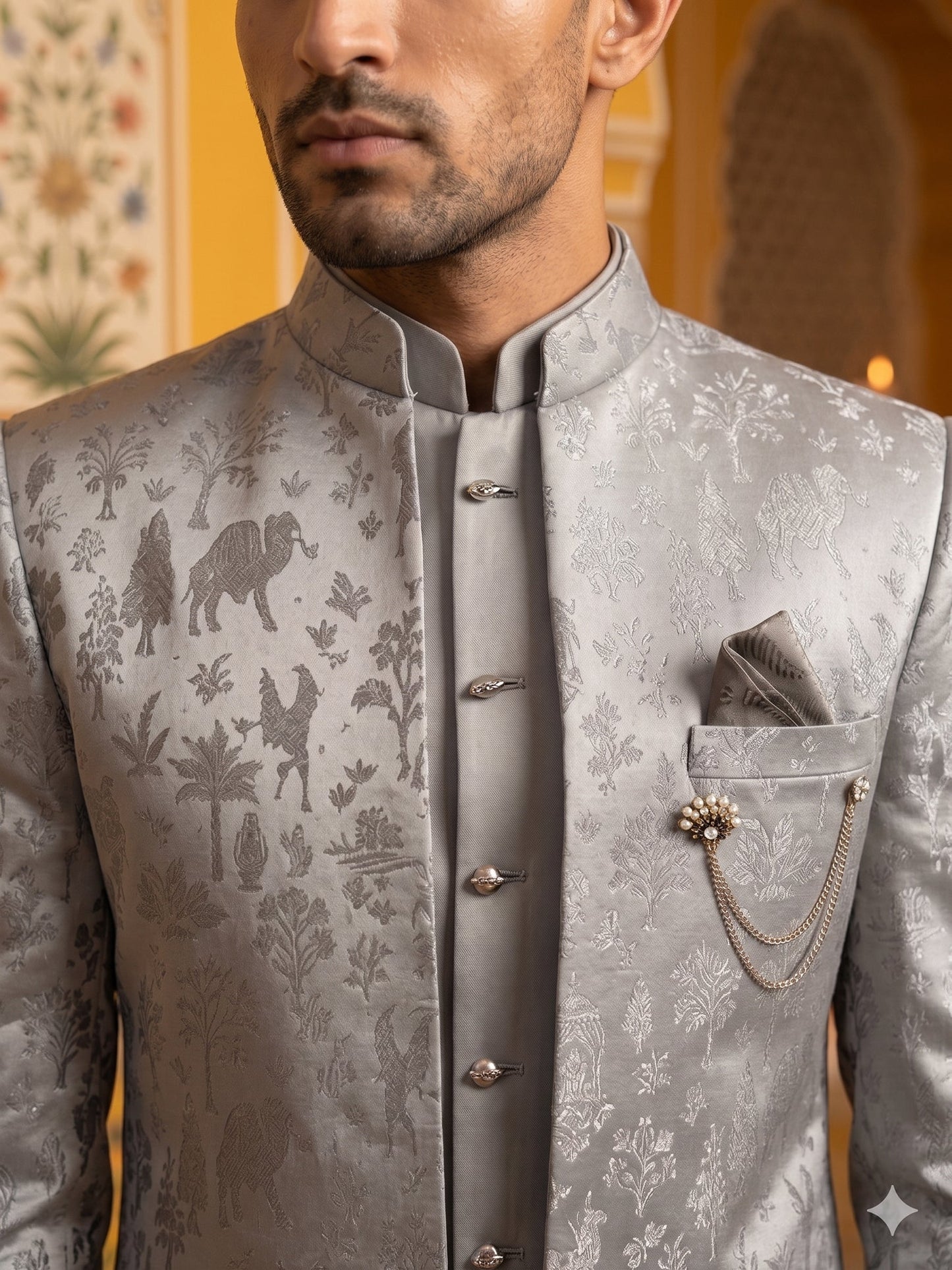 Premium Silk Jacquard Indo-Western Set for Men ( 50JIND 179Grey )