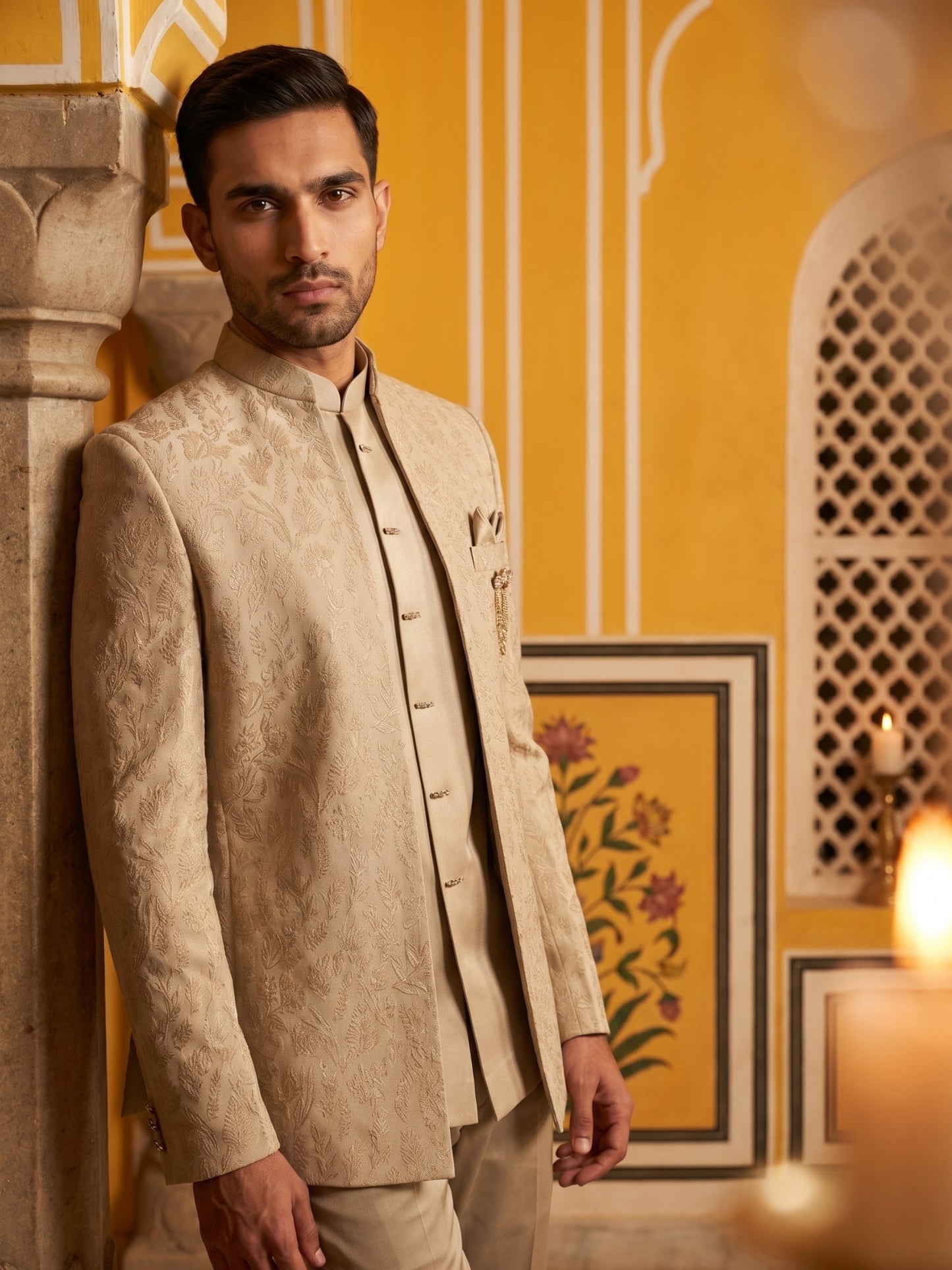 Classic Woven Jacquard Indo-Western Set ( 50JIND 181Beige )