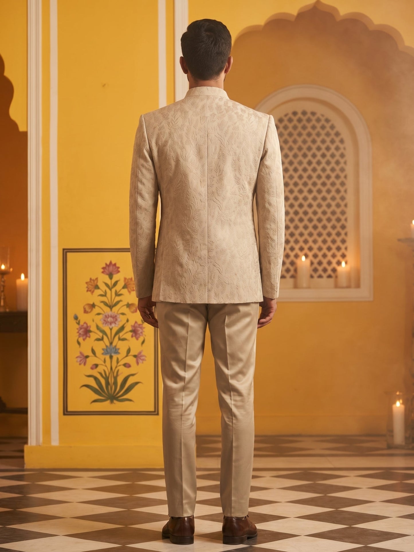 Classic Woven Jacquard Indo-Western Set ( 50JIND 181Beige )