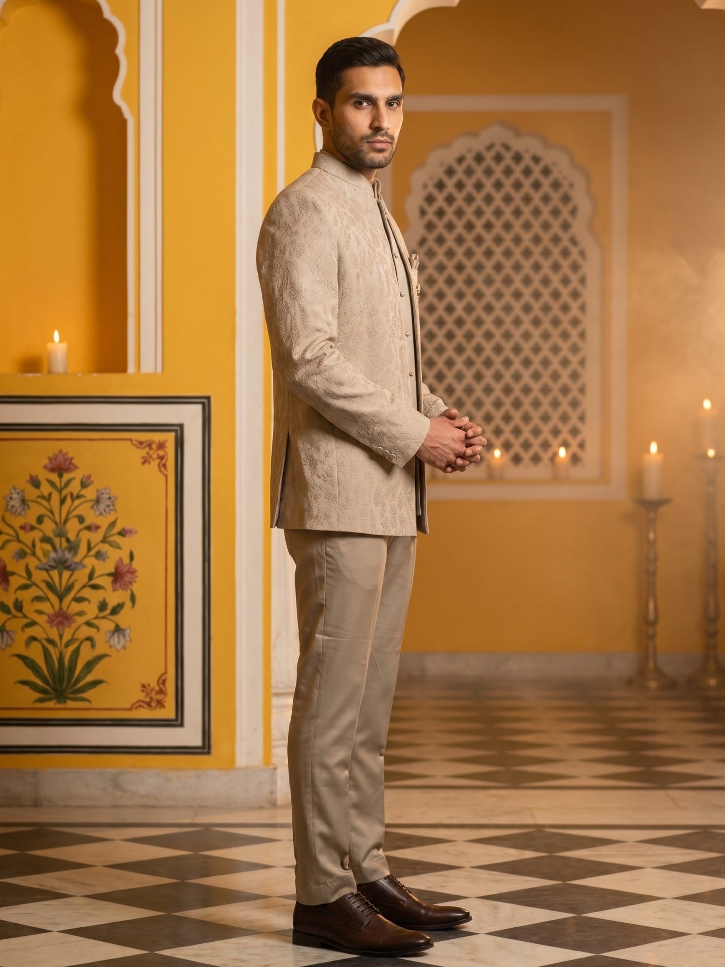 Classic Woven Jacquard Indo-Western Set ( 50JIND 181Beige )