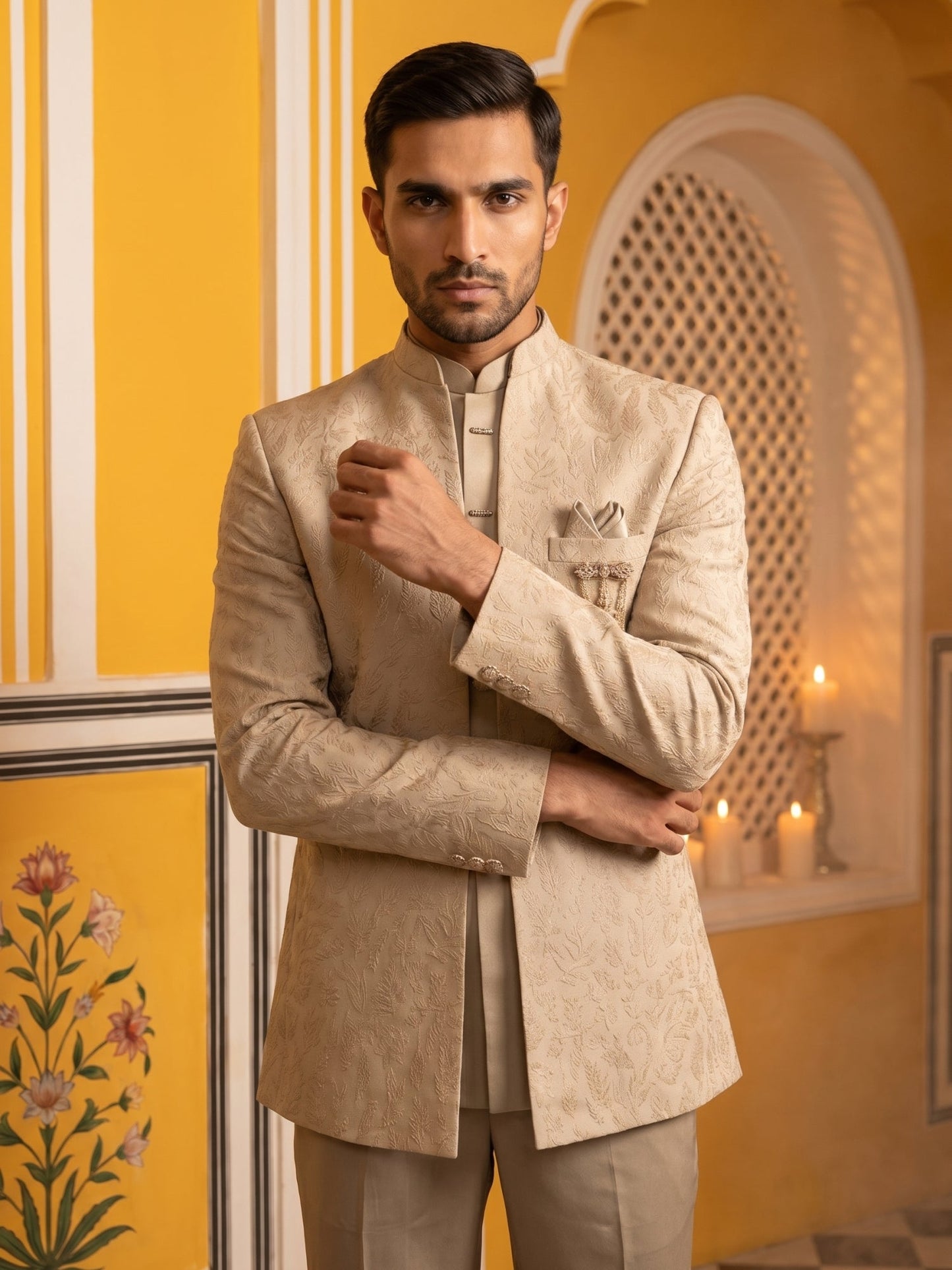 Classic Woven Jacquard Indo-Western Set ( 50JIND 181Beige )