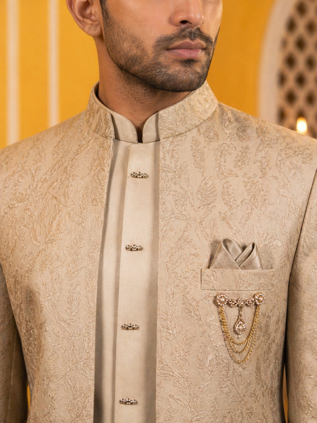Classic Woven Jacquard Indo-Western Set ( 50JIND 181Beige )