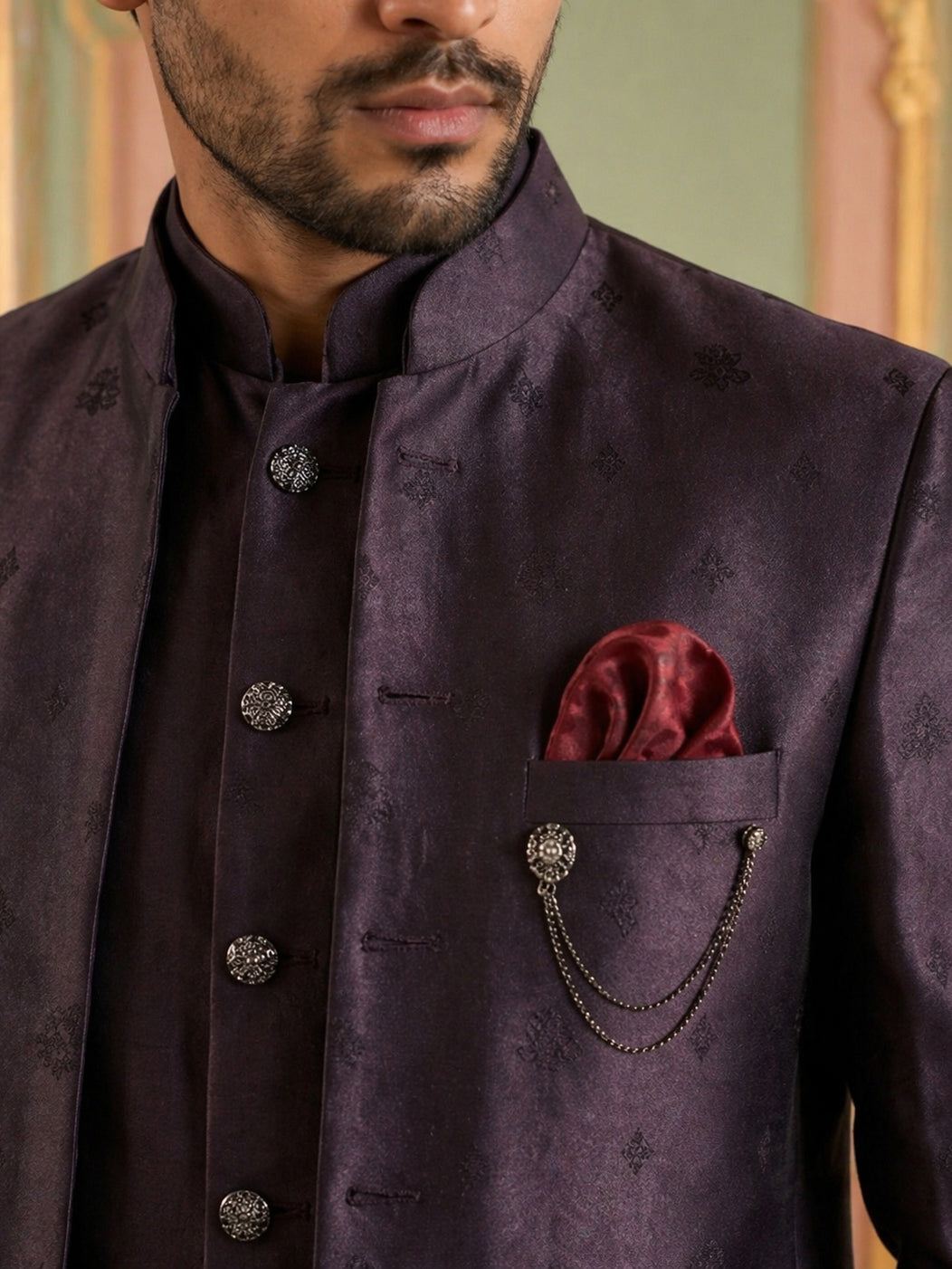 Men Woven Design Indo-Western Set ( 50JIND 182Purple )
