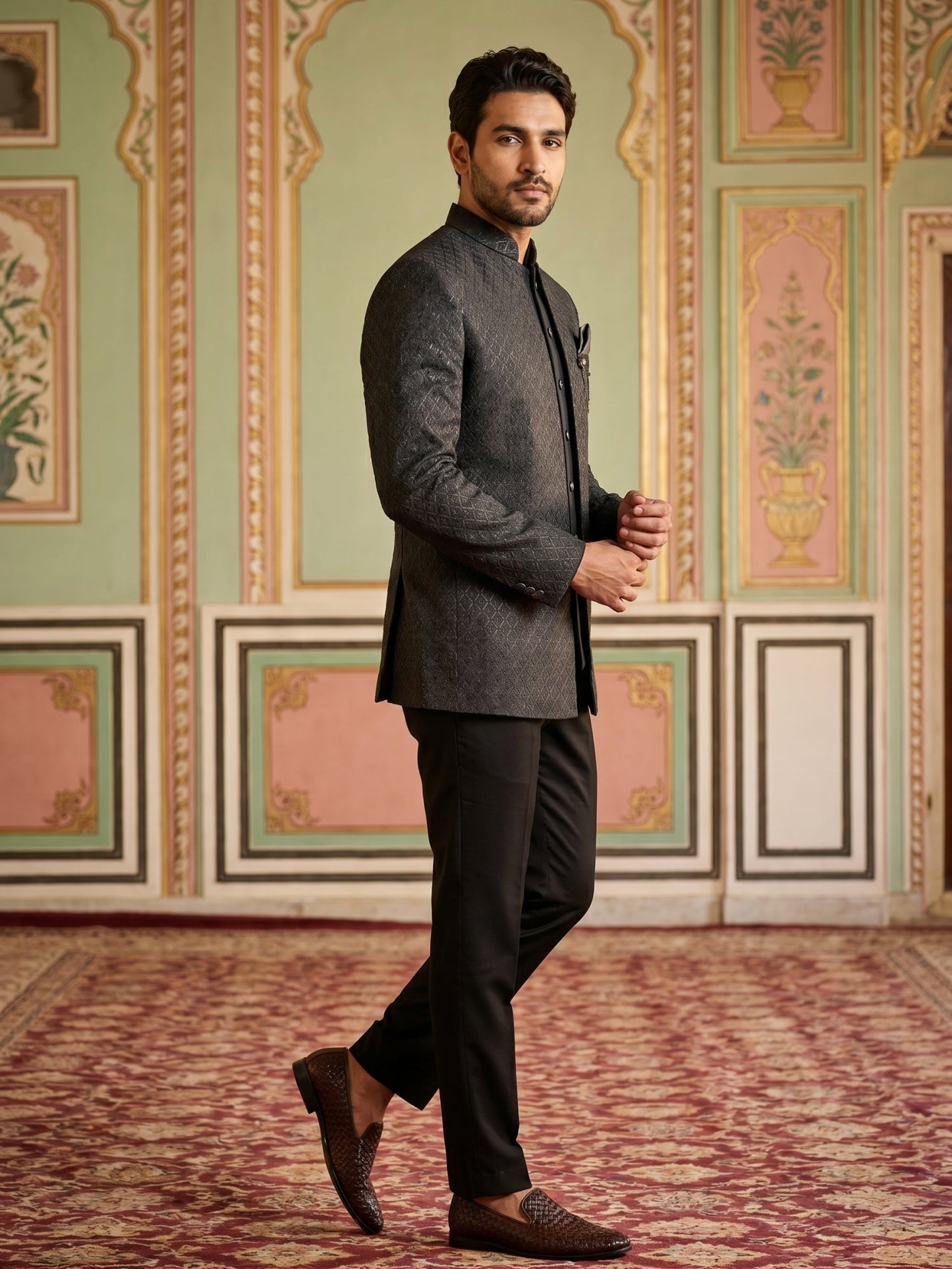 Cotton Blend Textured Indo-Western Set ( 50JIND 183Black )