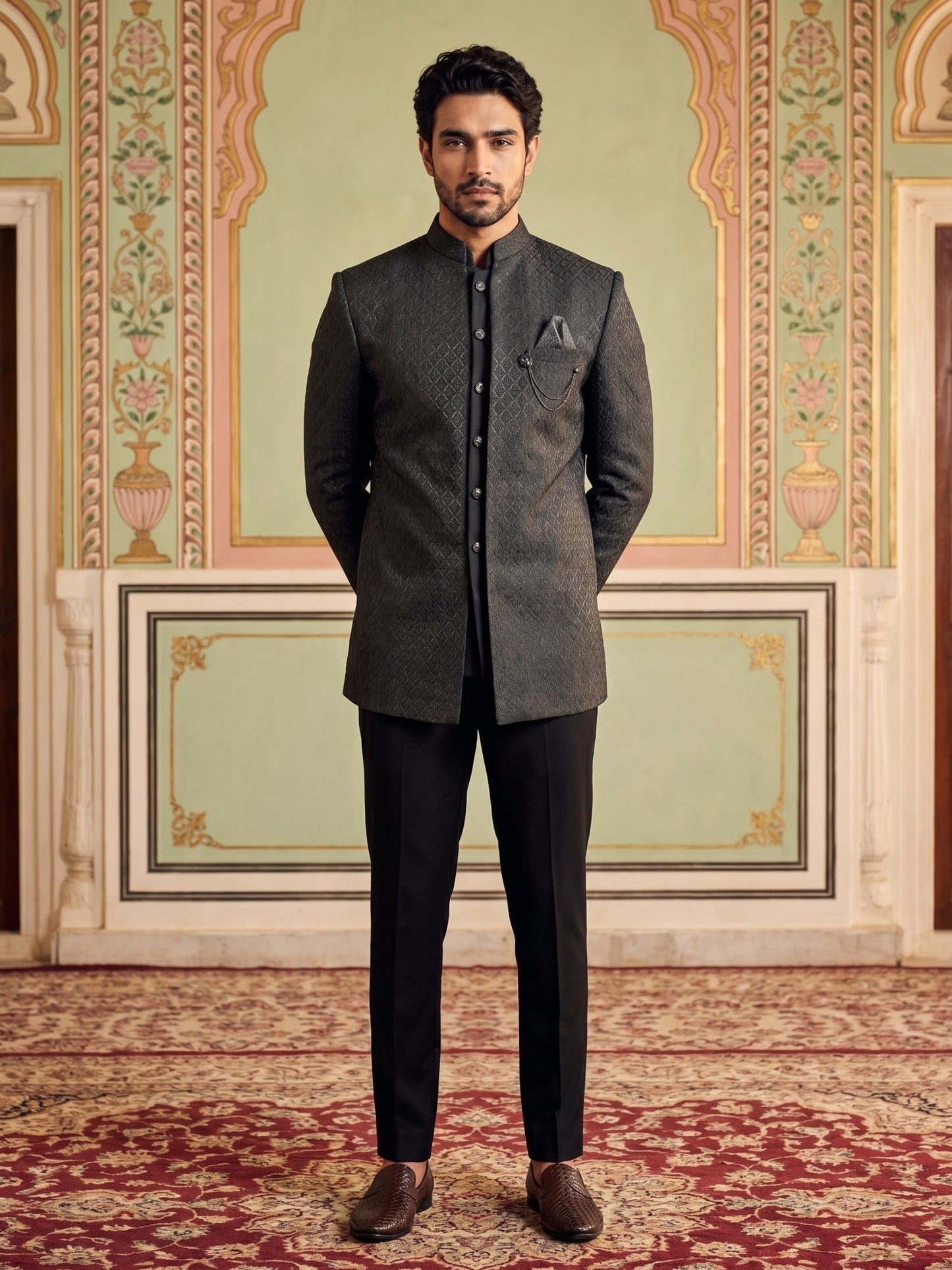 Cotton Blend Textured Indo-Western Set ( 50JIND 183Black )