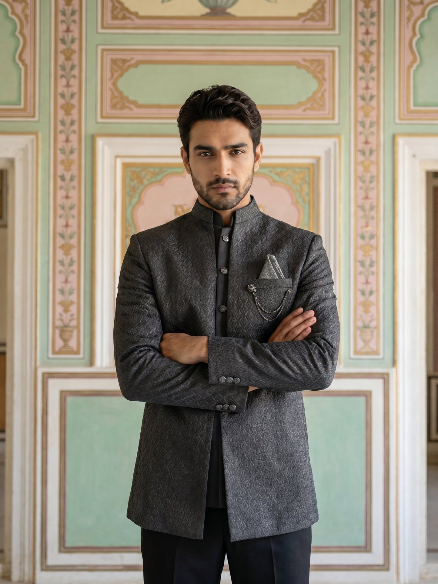 Cotton Blend Textured Indo-Western Set ( 50JIND 183Black )