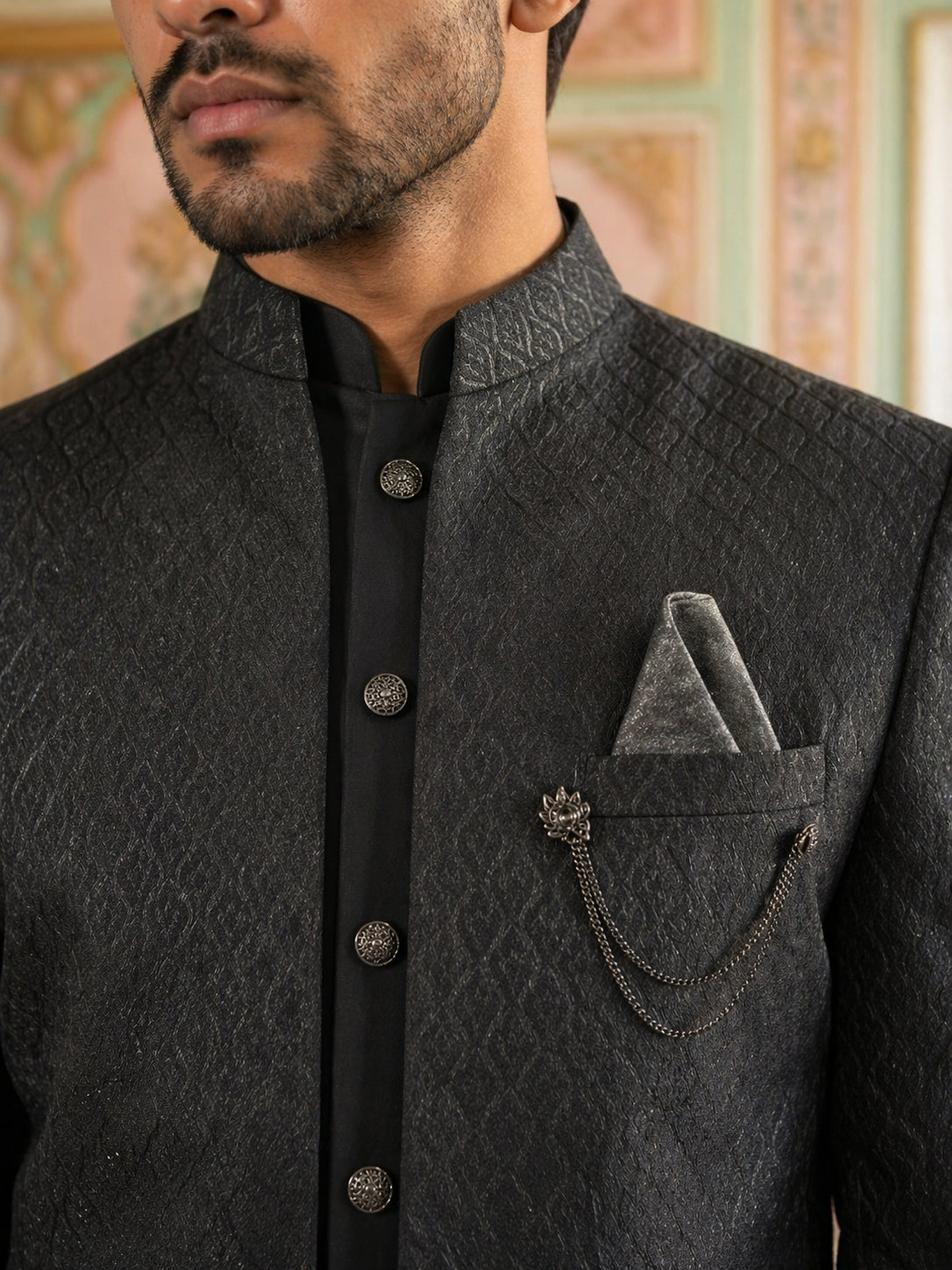 Cotton Blend Textured Indo-Western Set ( 50JIND 183Black )