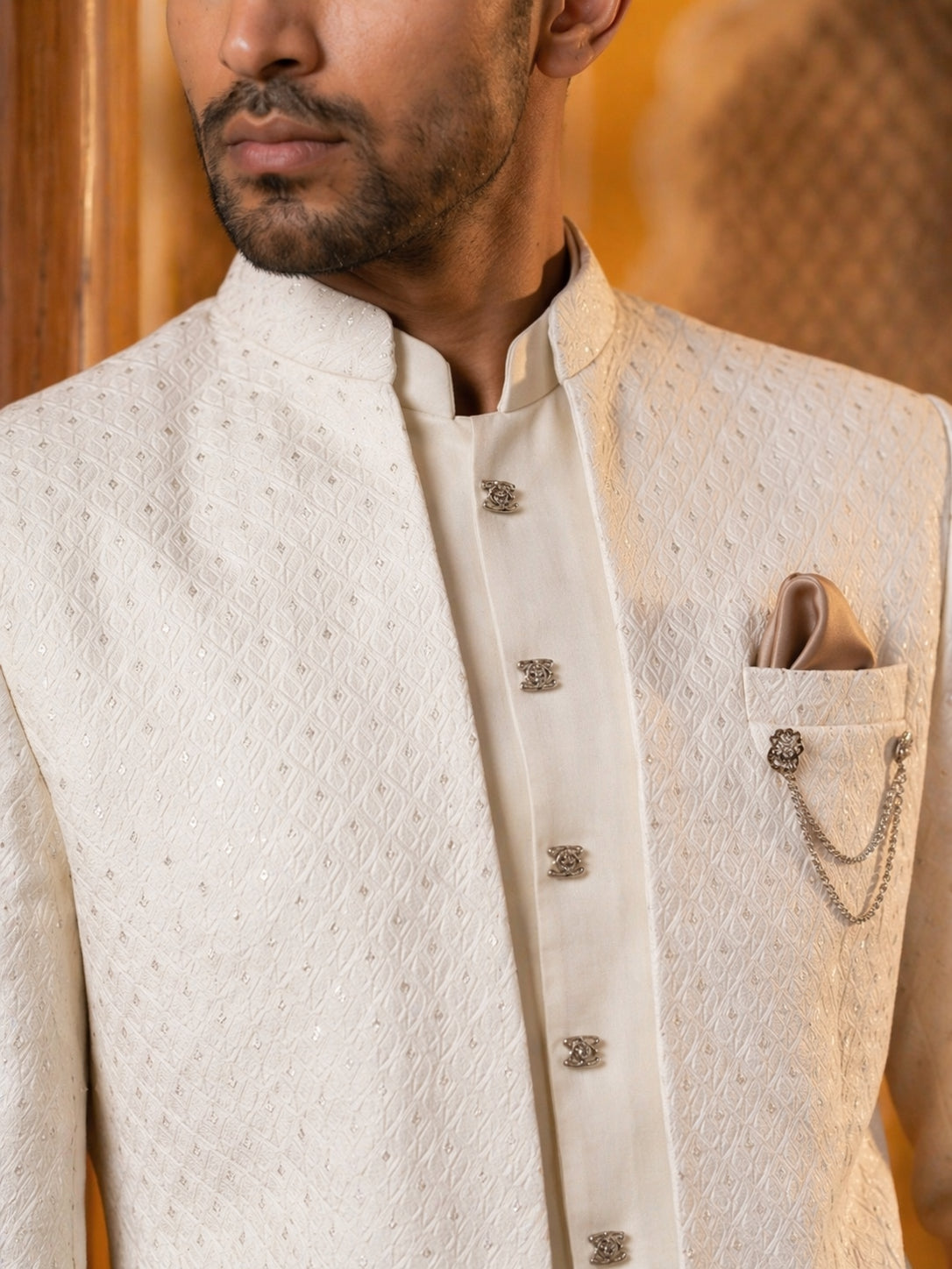 Cotton Blend Textured Indo-Western Set ( 50JIND 183Off-White )