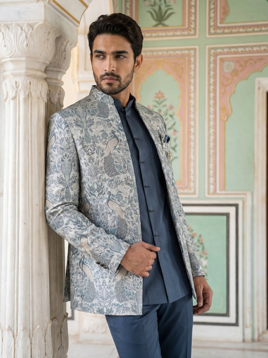 Men's Stylish Jacquard Indo-Western Set ( 50JIND 184Blue )