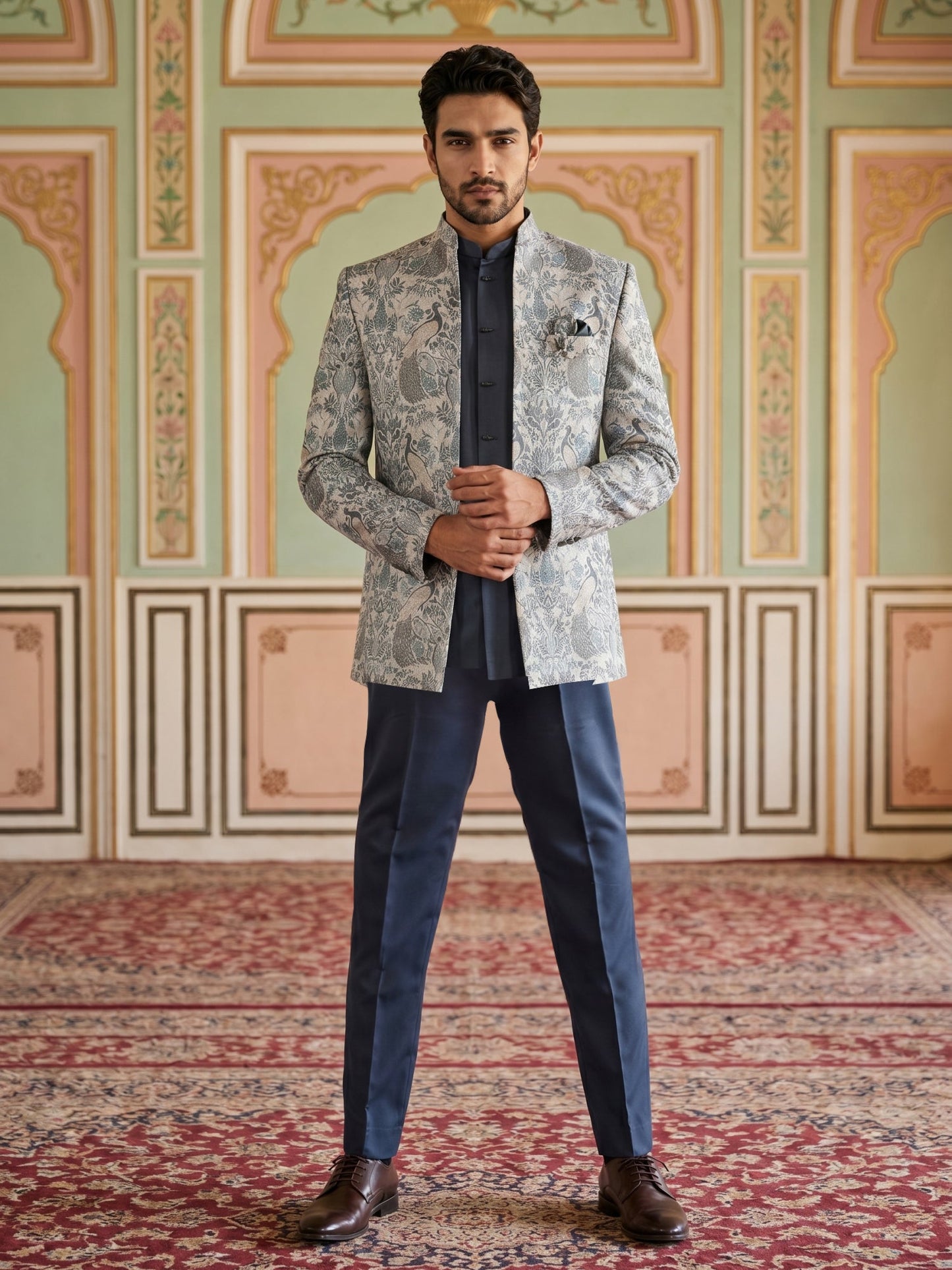 Men's Stylish Jacquard Indo-Western Set ( 50JIND 184Blue )