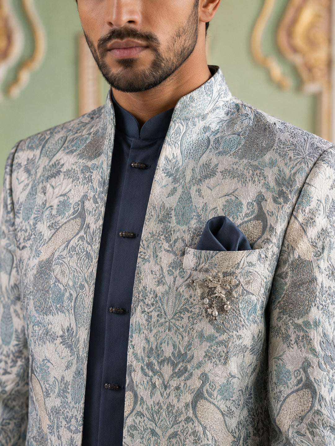 Men's Stylish Jacquard Indo-Western Set ( 50JIND 184Blue )