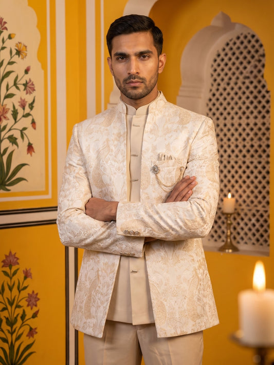 Men's Stylish Jacquard Indo-Western Set ( 50JIND 184Golden )