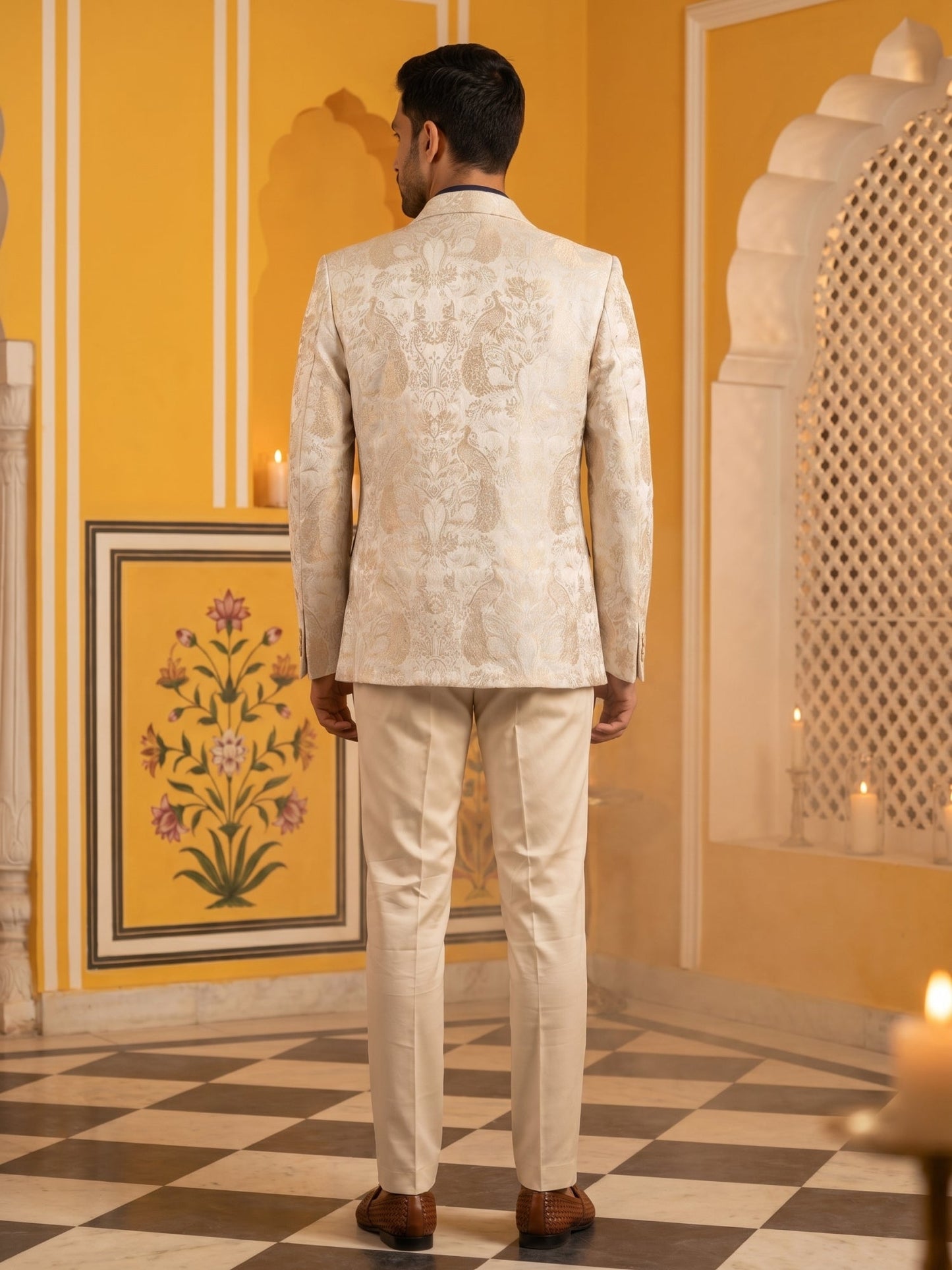 Men's Stylish Jacquard Indo-Western Set ( 50JIND 184Golden )